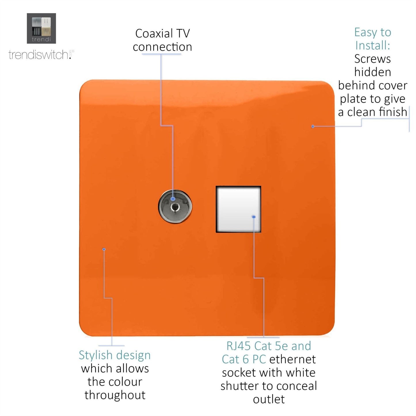 Trendi Switch 2 Gang Female TV Co-Axial & RJ45 Cat 5e PC Ethernet Socketsin Sunset Orange