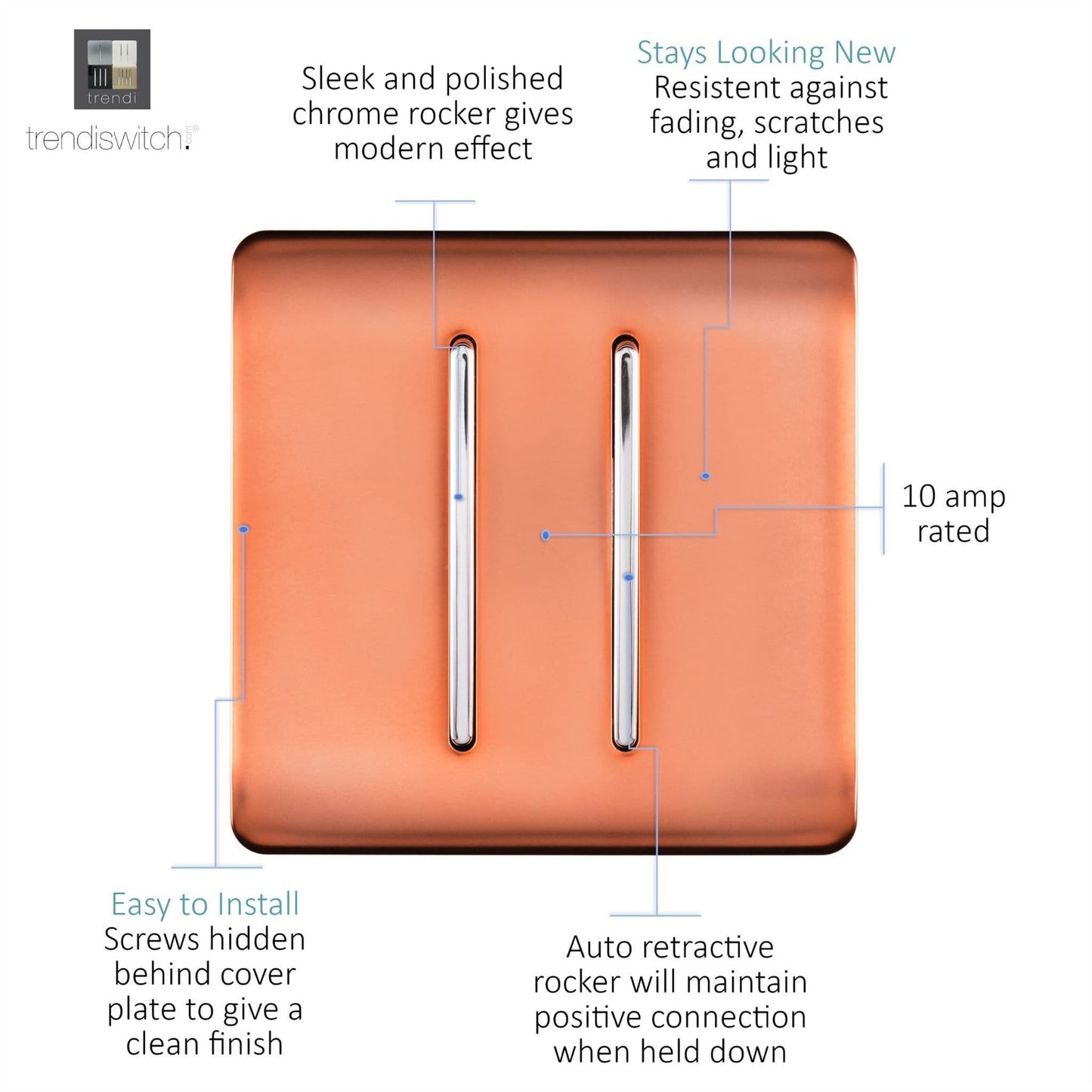 Trendi Switch 2 Gang Retractive Doorbell Switchin Copper