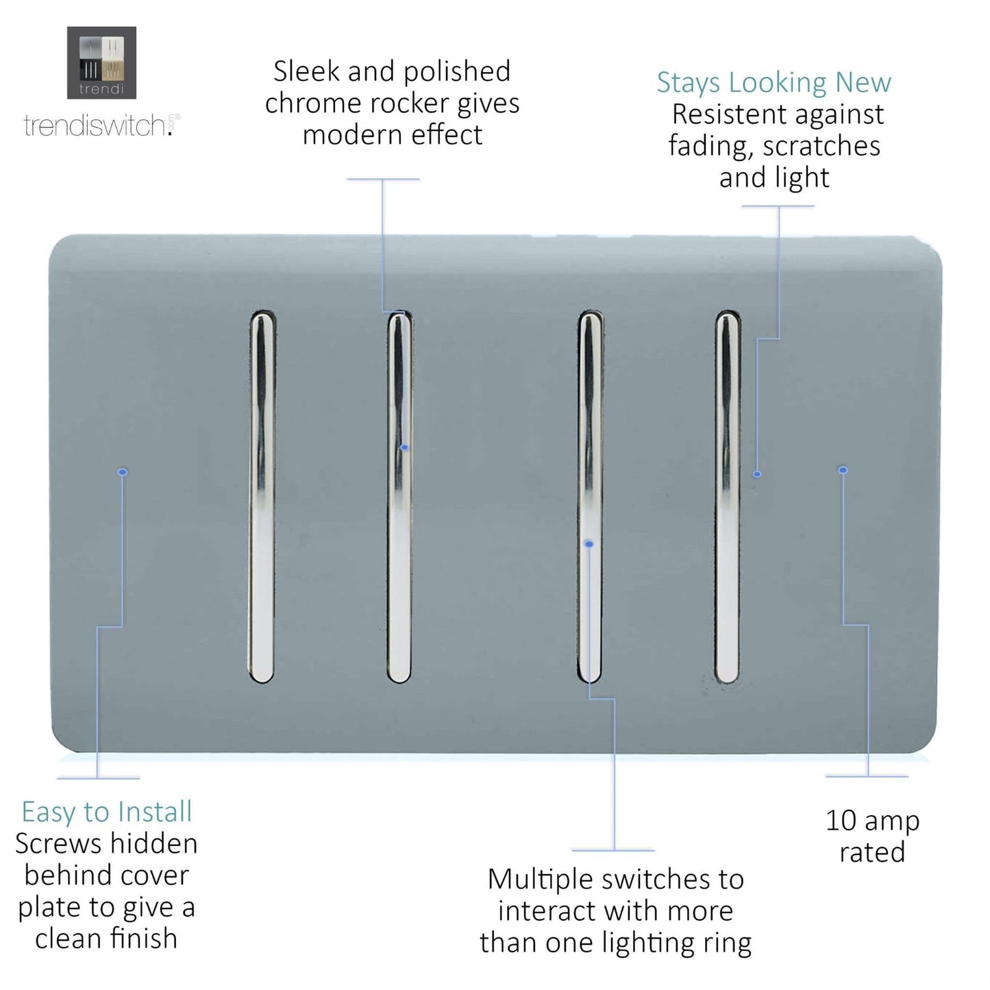 Trendi Switch 4 Gang Light Switch (3x 1 or 2 Way & 1 x Intermediate)in Cool Grey