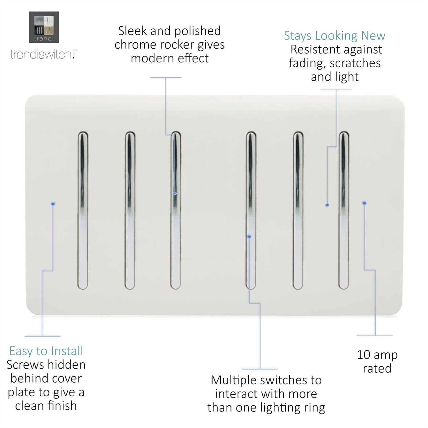 Trendi Switch 6 Gang 1 or 2 Way Light Switchin Ice White