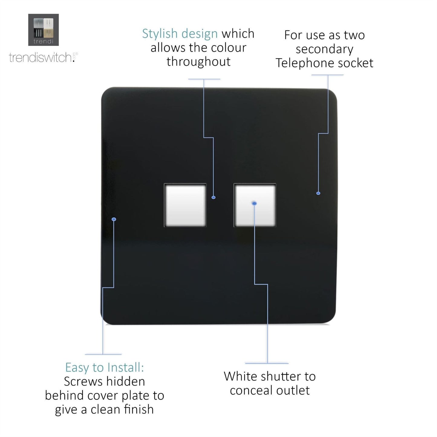 Trendi Switch 2 Gang Cat 3 Telephone Slave Socketin Piano Black