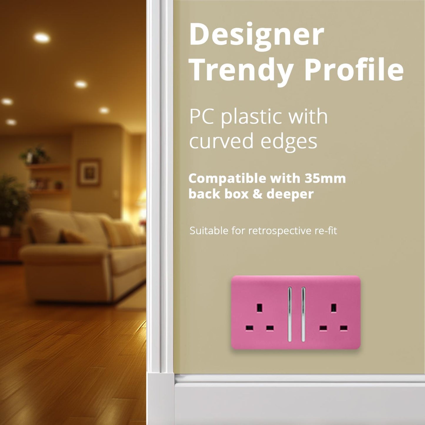 Trendi Switch 2 Gang Long Switched Plug Socketin Candy Pink