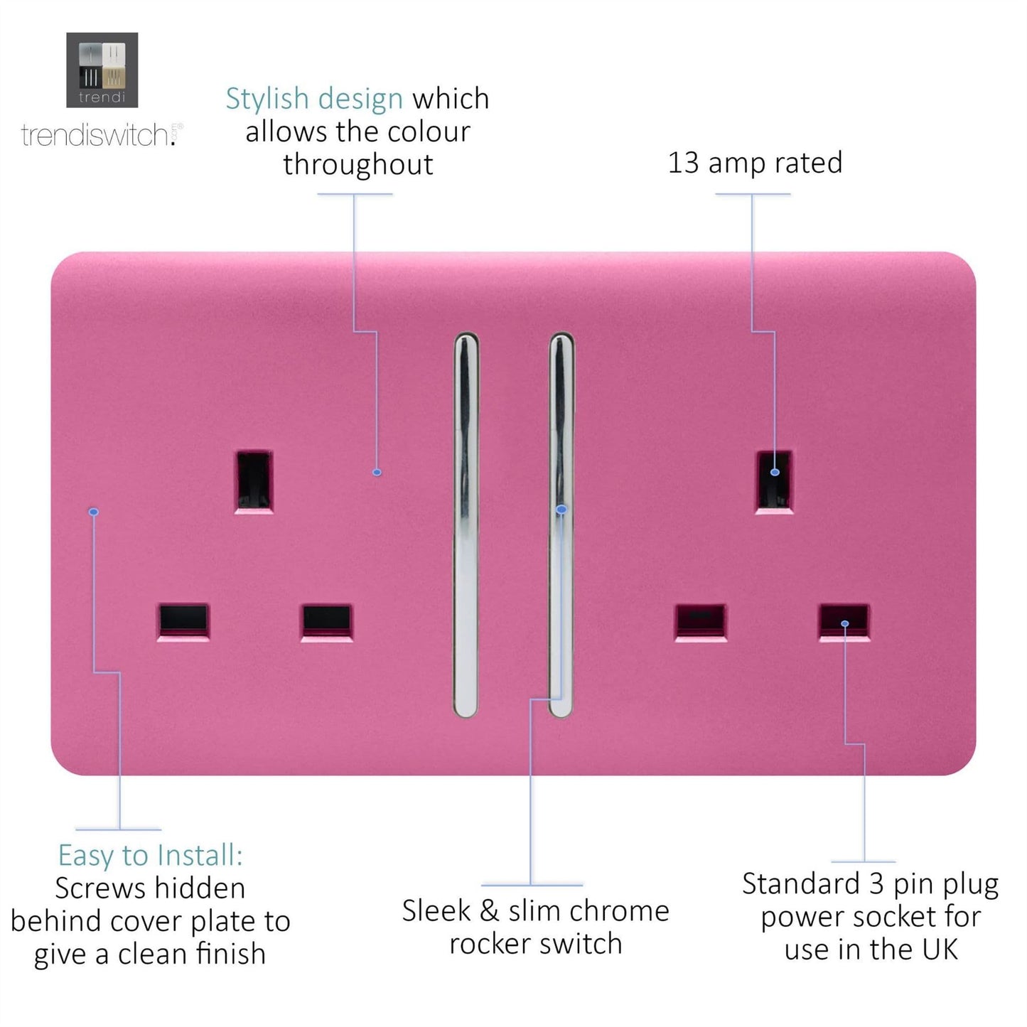 Trendi Switch 2 Gang Long Switched Plug Socketin Candy Pink