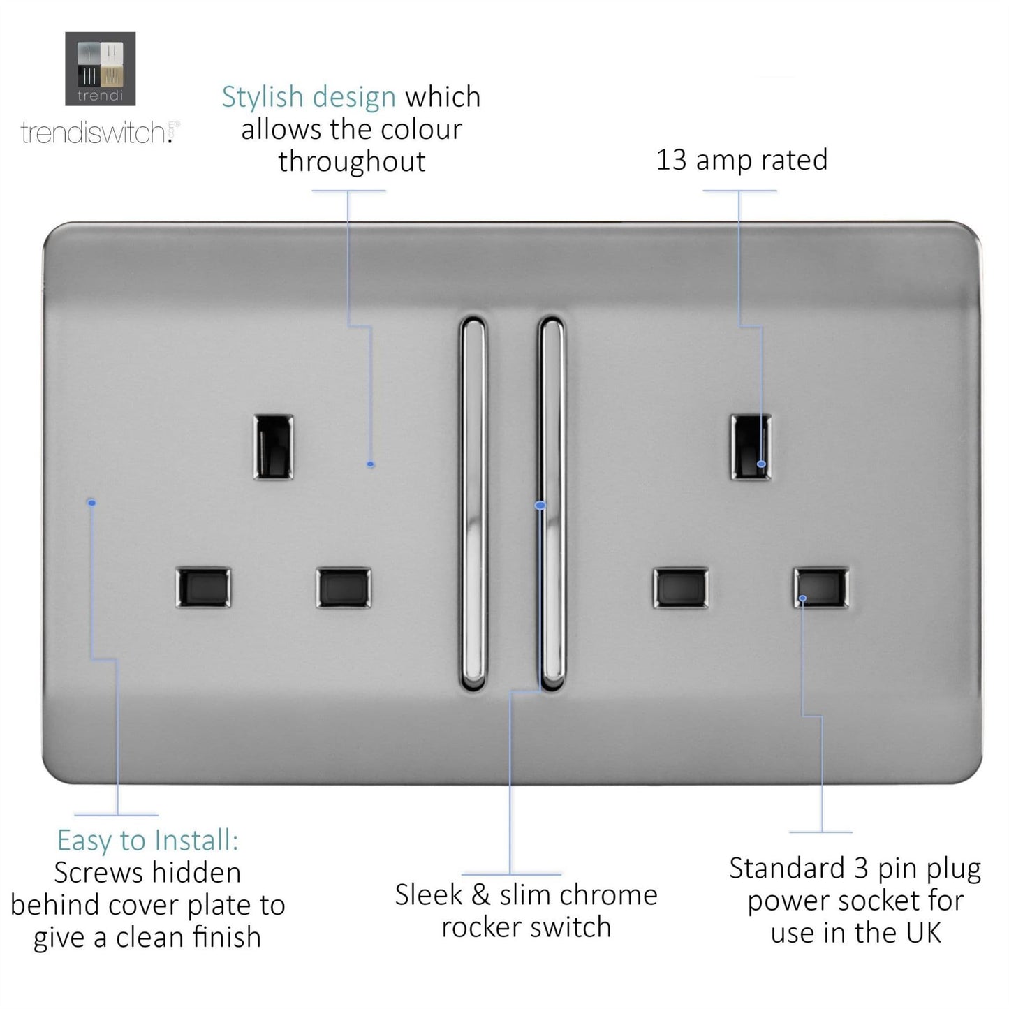 Trendi Switch 2 Gang Long Switched Plug Socketin Brushed Steel
