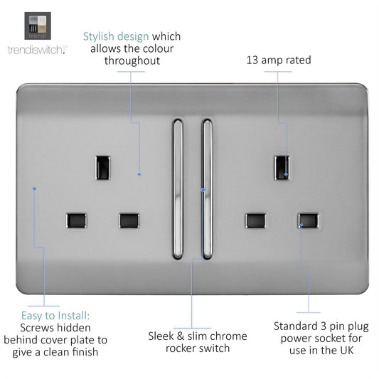 Trendi Switch 2 Gang Long Switched Plug Socket in Brushed Steel