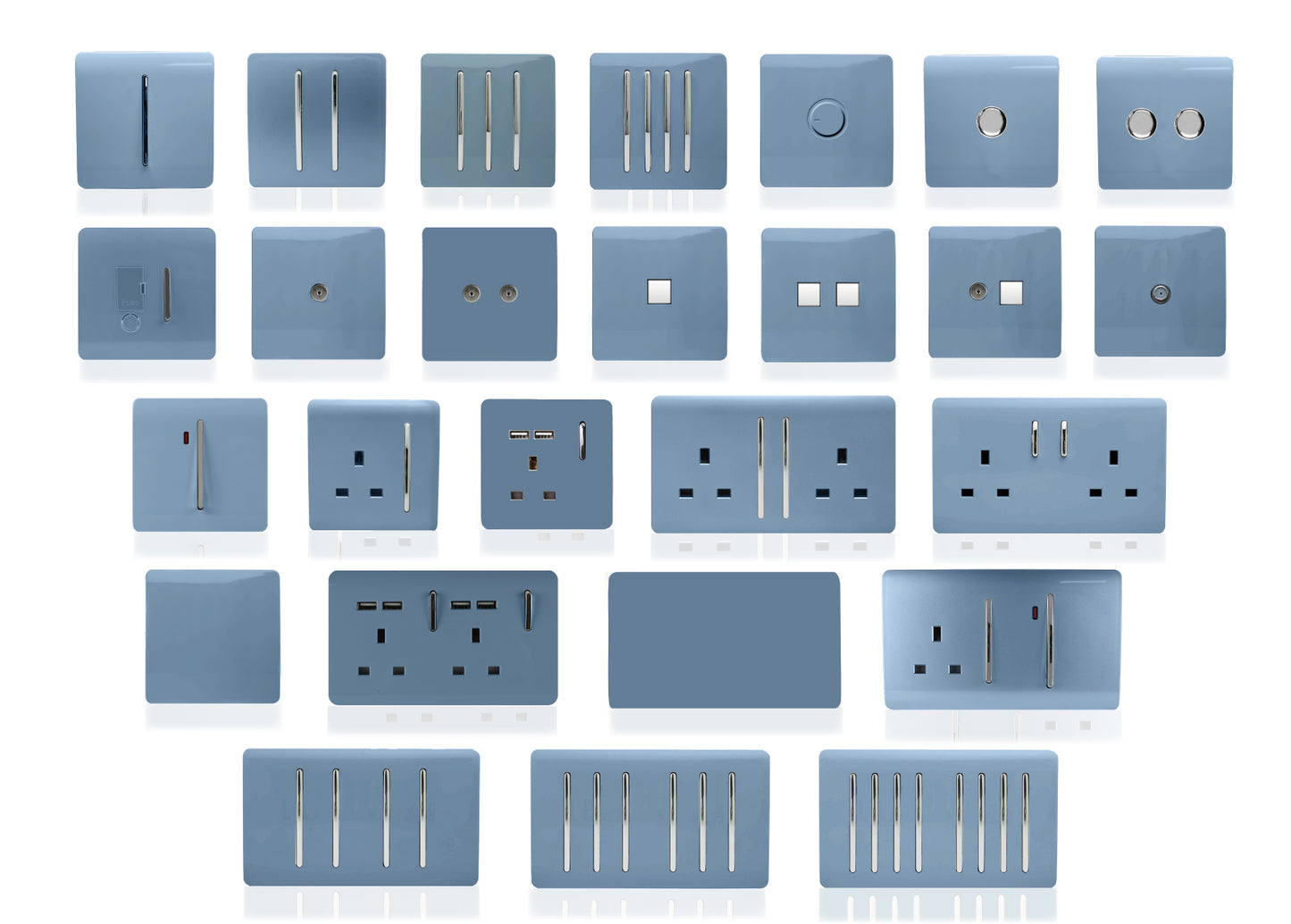 Trendi 4 Gang 2 Way 240V 100w LED Dimmer Screwless Raised Front Plate Plastic Artistic Modern Glossy 10 Amp Chrome Single Electrical Wall Light Switch in Sky Blue - ART-4LDMSK