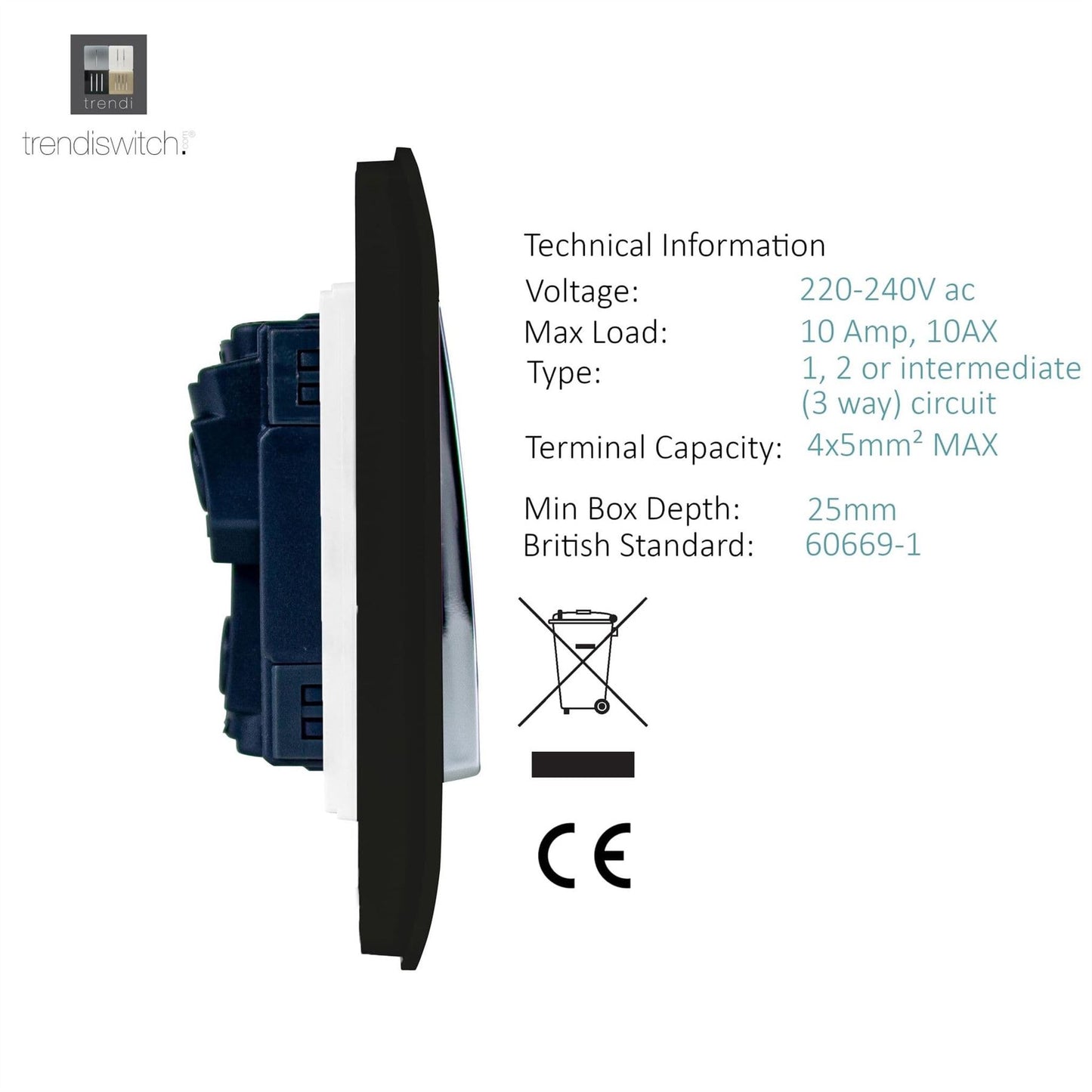 Trendi Switch 4 Gang Light Switch (3x 1 or 2 Way & 1 x Intermediate)in Matt Black