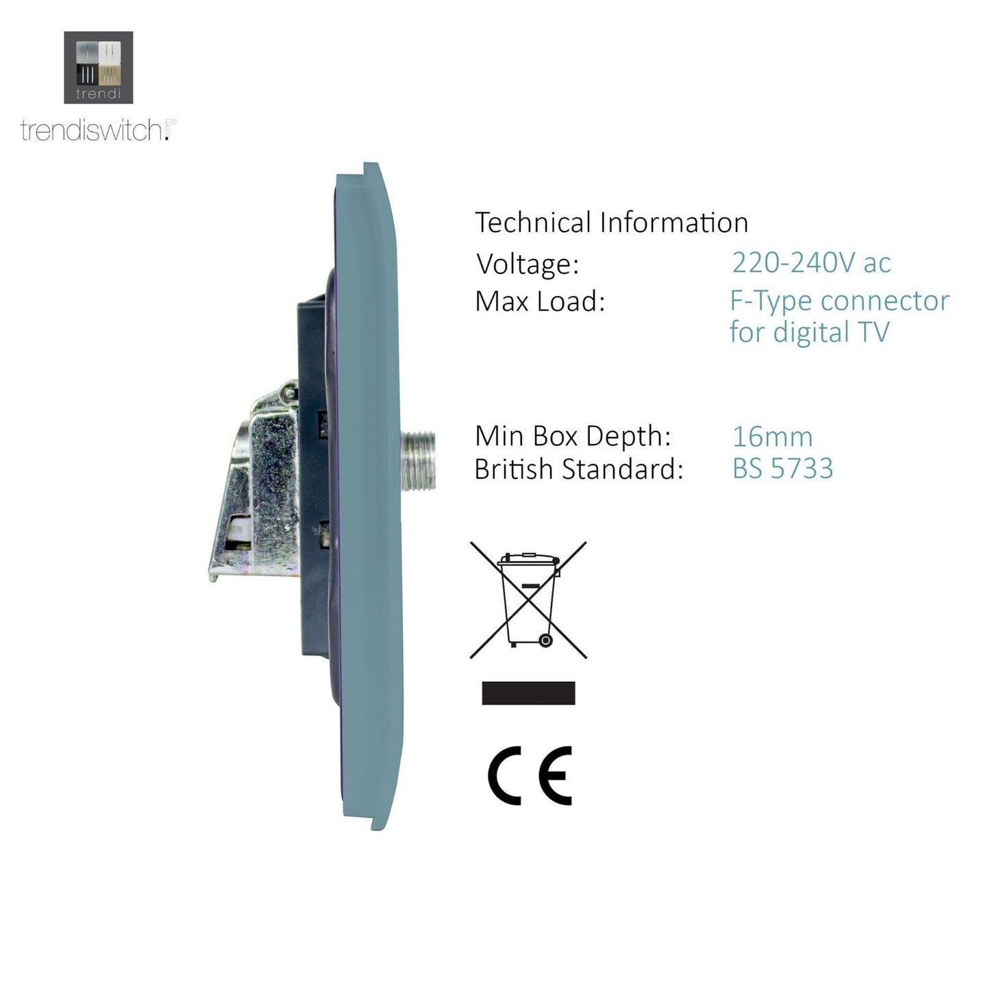 Trendi Switch 1 Gang Male F-Type Satellite Television Socketin Cool Grey