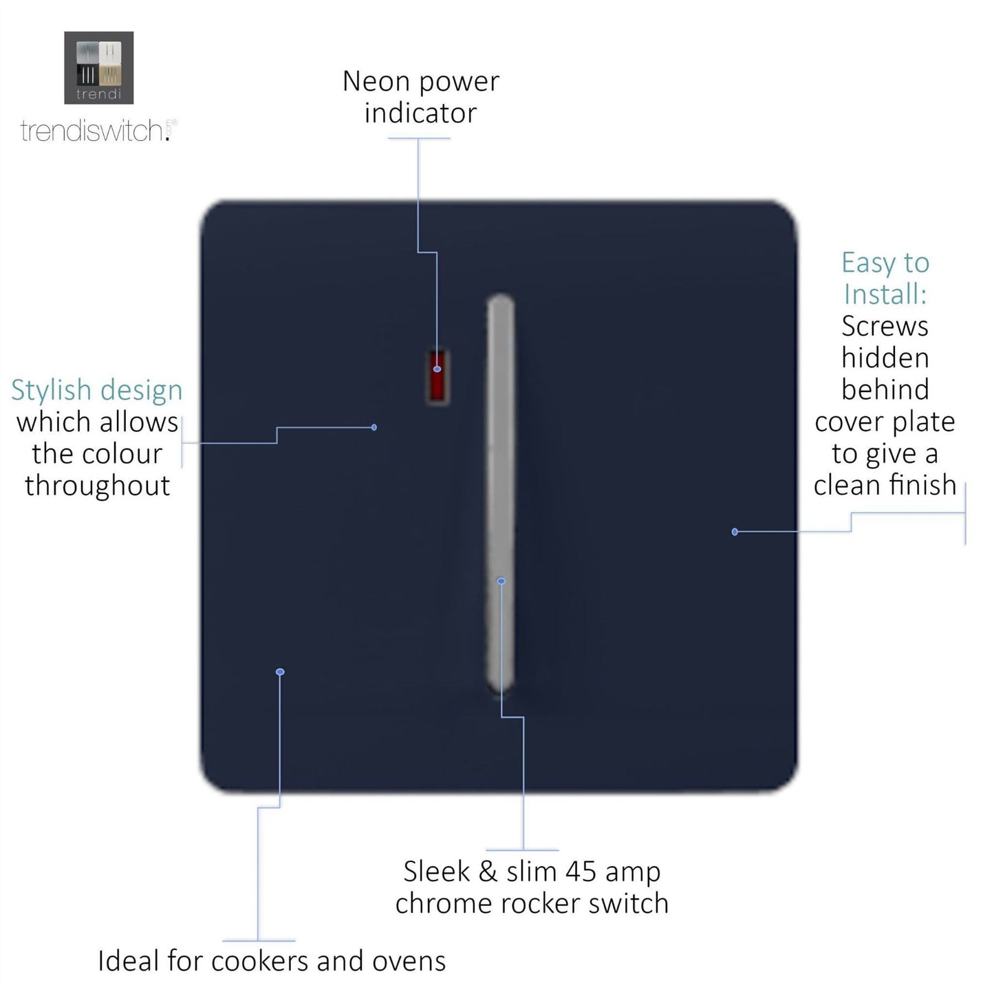 Trendi Switch 1 Gang 45 Amp Cooker Switch with Neonin Navy Blue