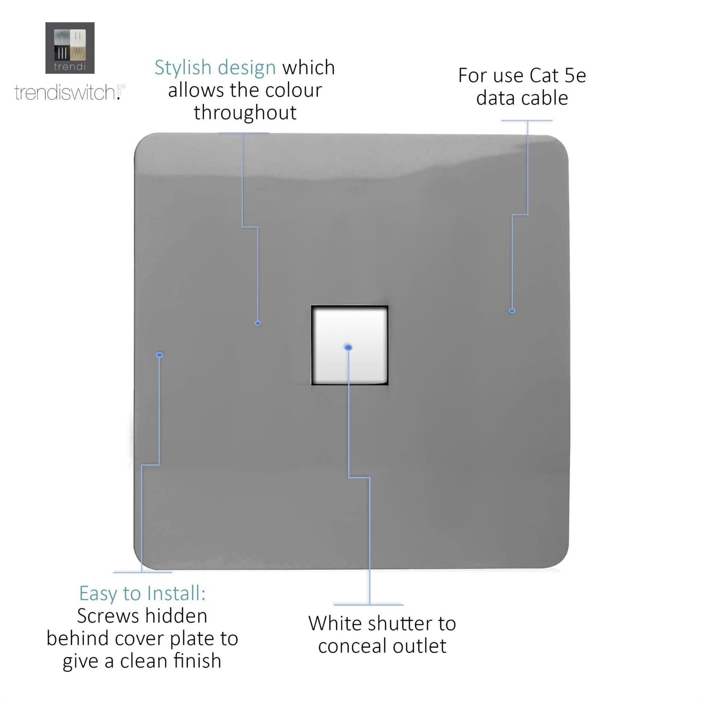 Trendi Switch 1 Gang RJ45 Cat 5e PC Ethernet Socketin Light Grey