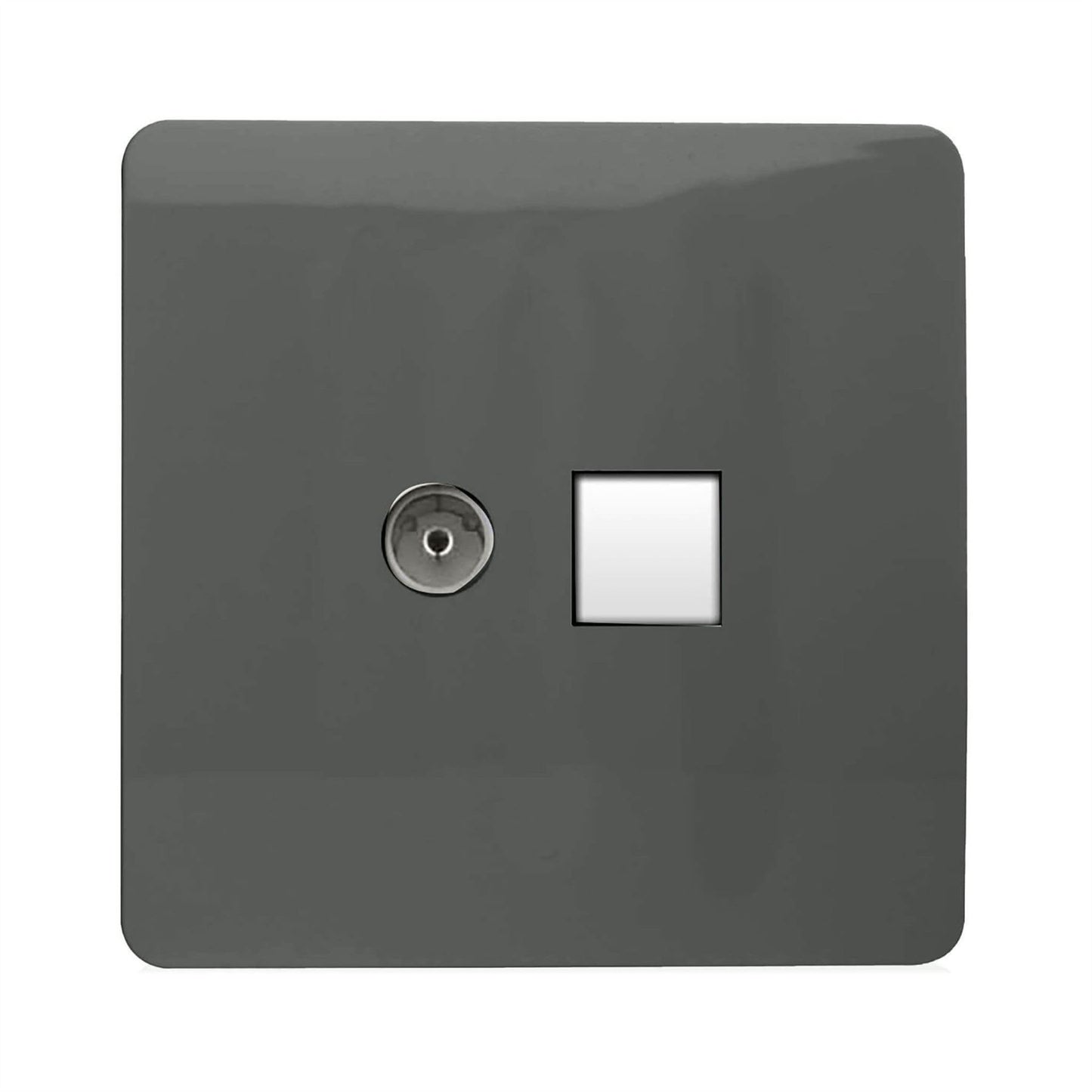 Trendi Switch 2 Gang TV Co-Axial & RJ45 Cat 6 Modern Designer PC Ethernet Socketsin Charcoal Grey