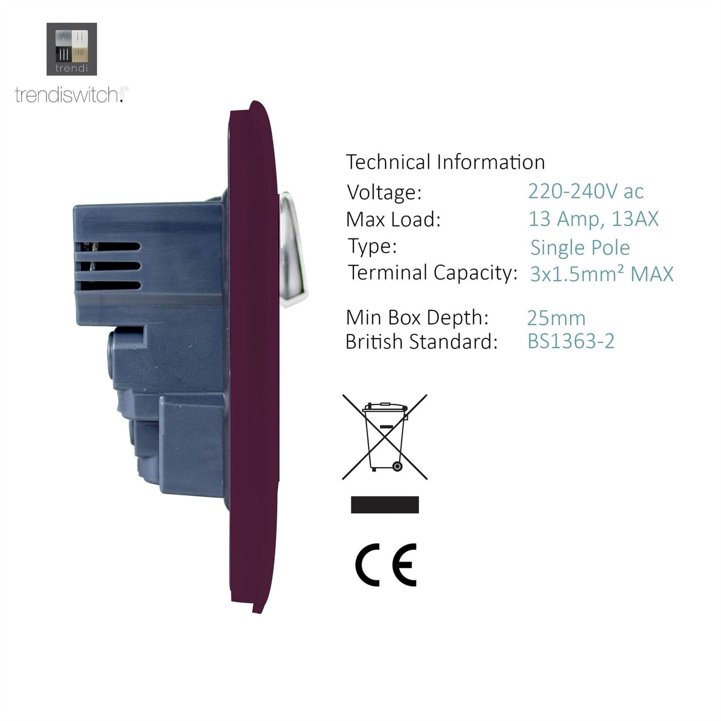 Trendi Switch 1 Gang USB 2100mA Plug Socketin Plum Purple