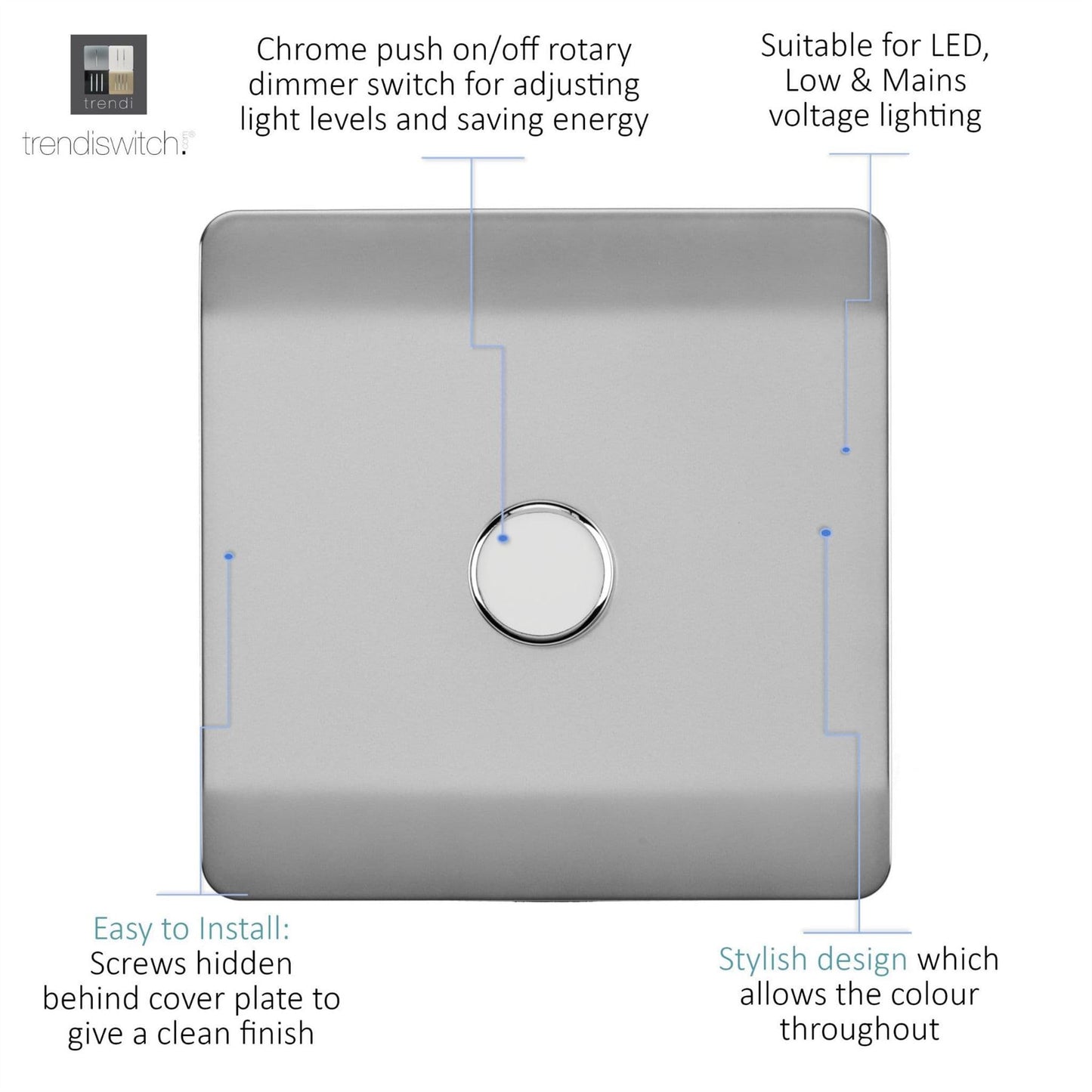 Trendi Switch 1 Gang 1 or 2 way 150w Rotary LED Dimmer Light Switchin Brushed Steel