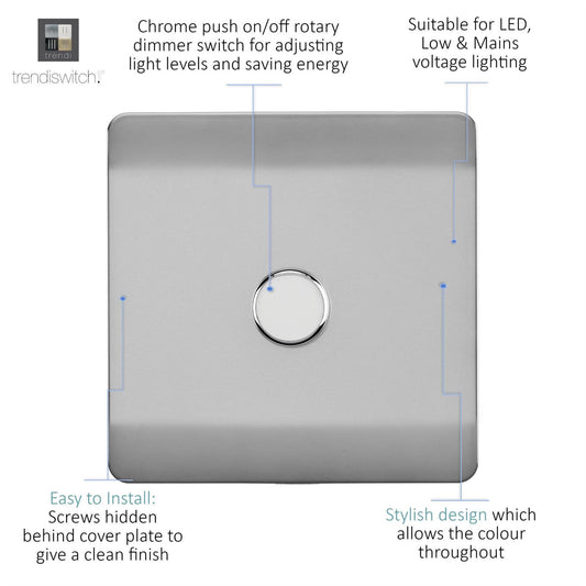 Trendi 1 Gang 2 Way 240V 100w LED Dimmer Screwless Raised Front Plate Plastic Artistic Modern Glossy 10 Amp Chrome Single Electrical Wall Light Switch in Brushed Steel - ART-LDMBS