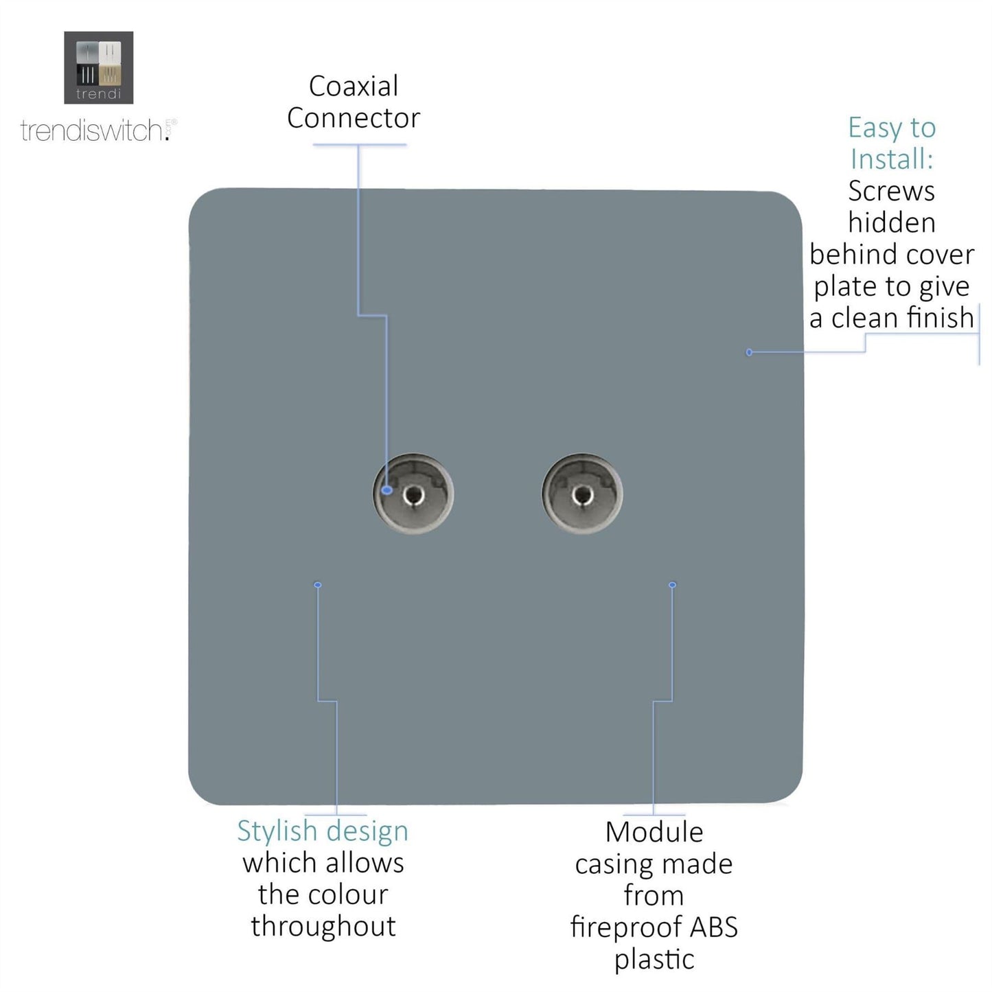 Trendi Switch 2 Gang Female Co-Axial Television Socketin Cool Grey
