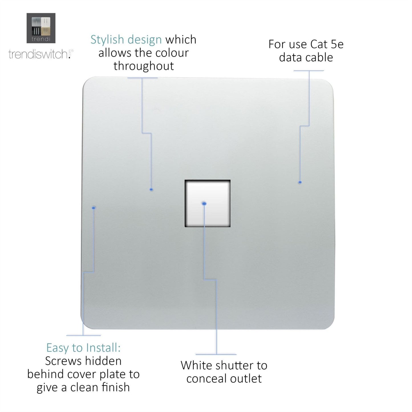 Trendi Switch 1 Gang RJ45 Cat 5e PC Ethernet Socketin Platinum Silver