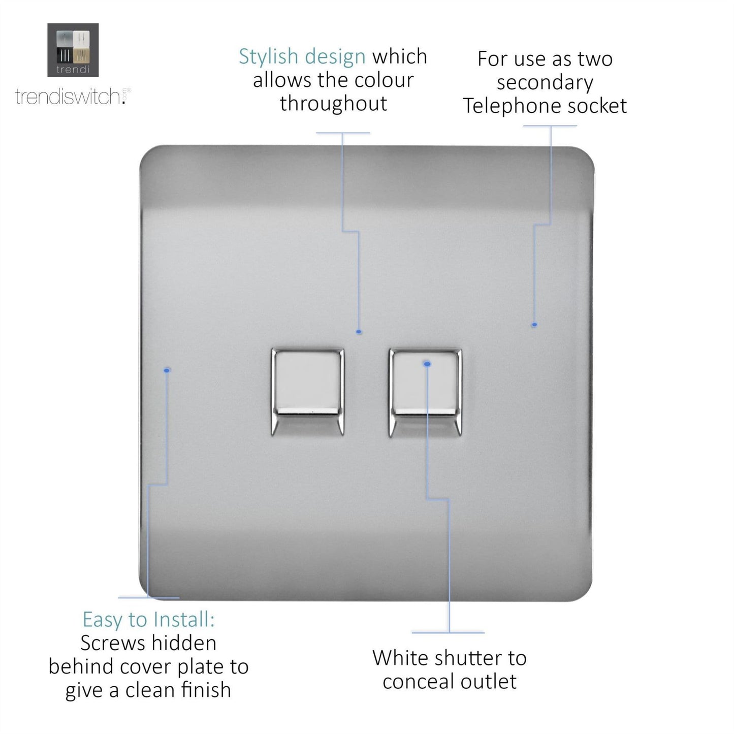 Trendi Switch 2 Gang Cat 3 Telephone Slave Socketin Brushed Steel