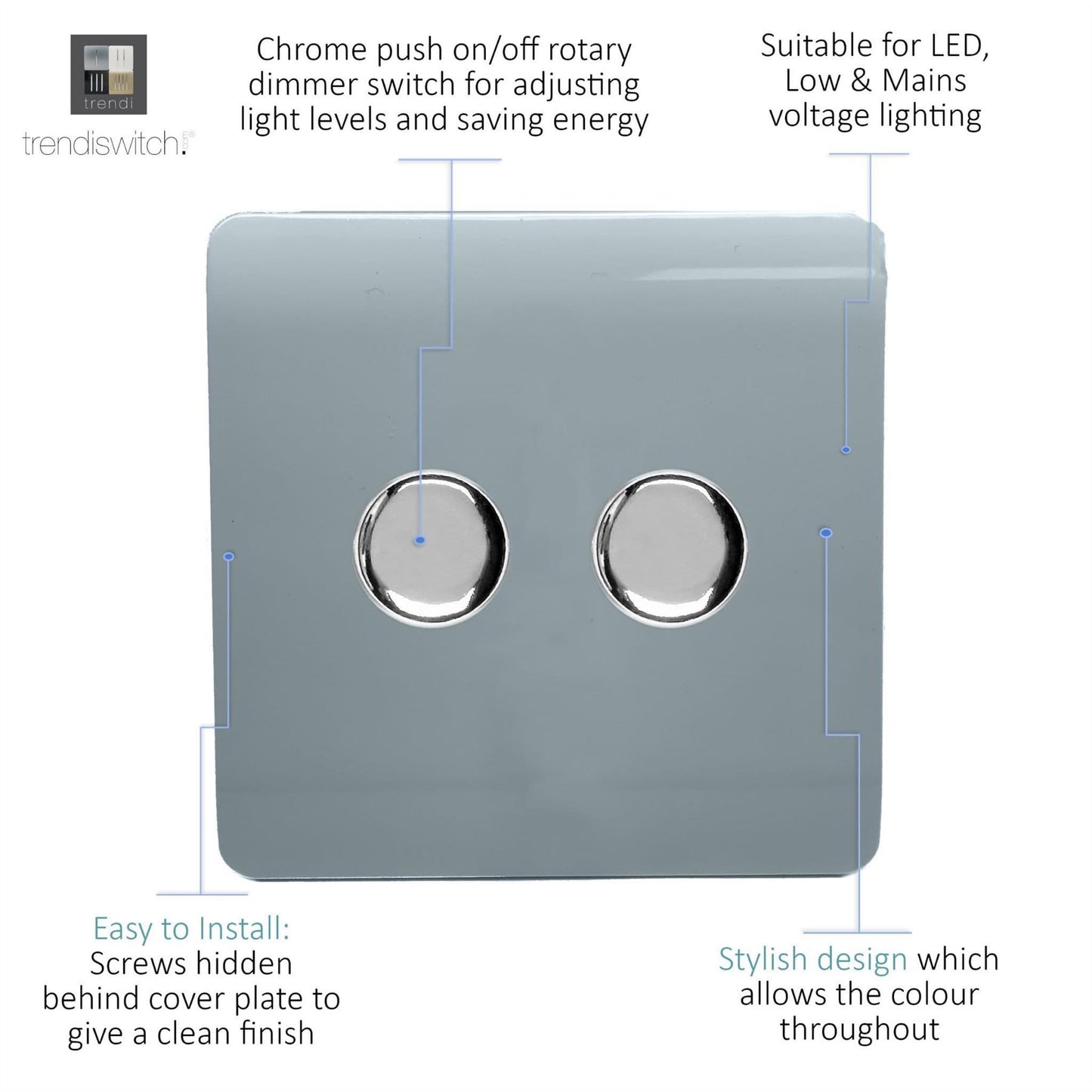 Trendi Switch 2 Gang 1 or 2 way 150w Rotary LED Dimmer Light Switchin Cool Grey