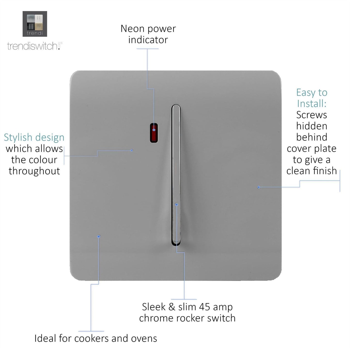 Trendi Switch 1 Gang 45 Amp Cooker Switch with Neonin Light Grey