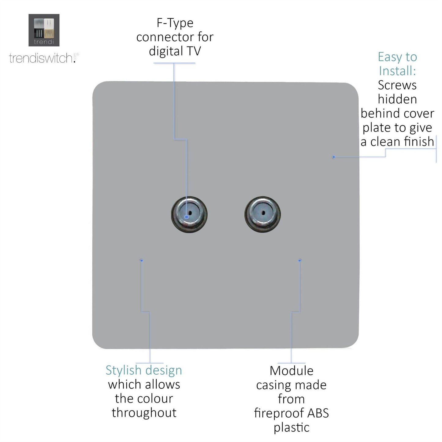 Trendi Switch 2 Gang Male F-Type Satellite Television Socketin Platinum Silver