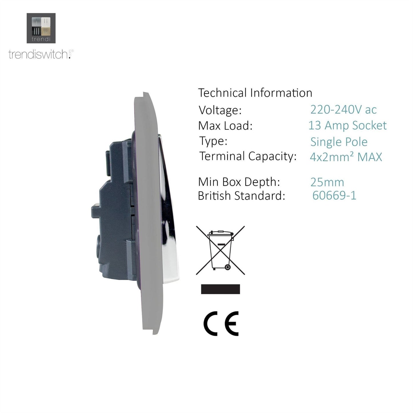 Trendi Switch 2 Gang Long Switched Plug Socketin Light Grey