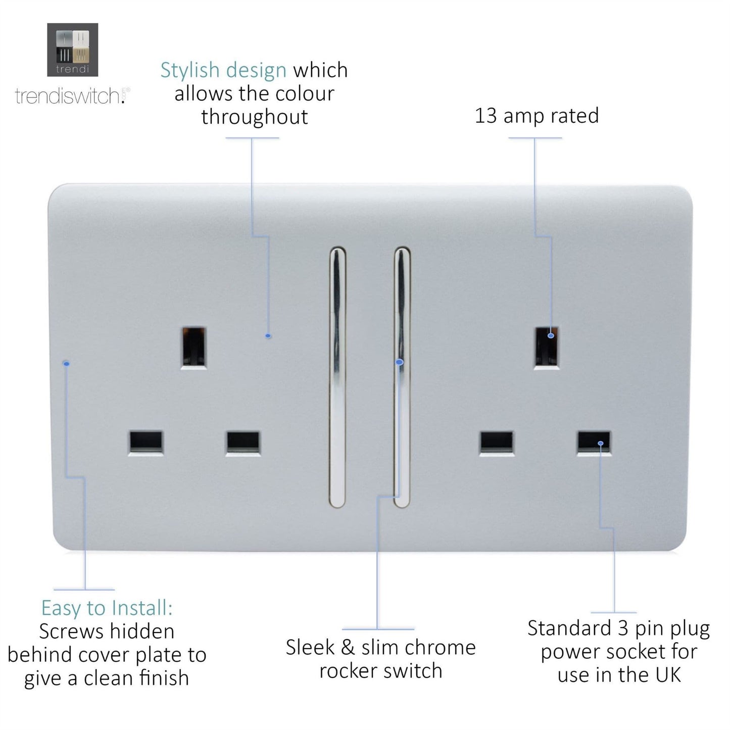 Trendi Switch 2 Gang Long Switched Plug Socketin Platinum Silver