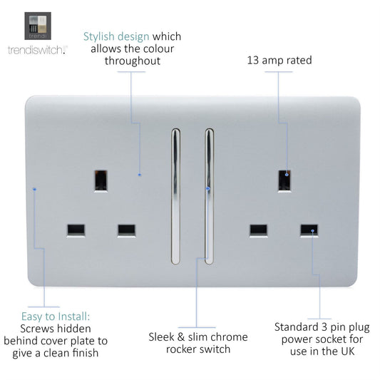Trendi Switch 2 Gang Long Switched Plug Socket in Platinum Silver
