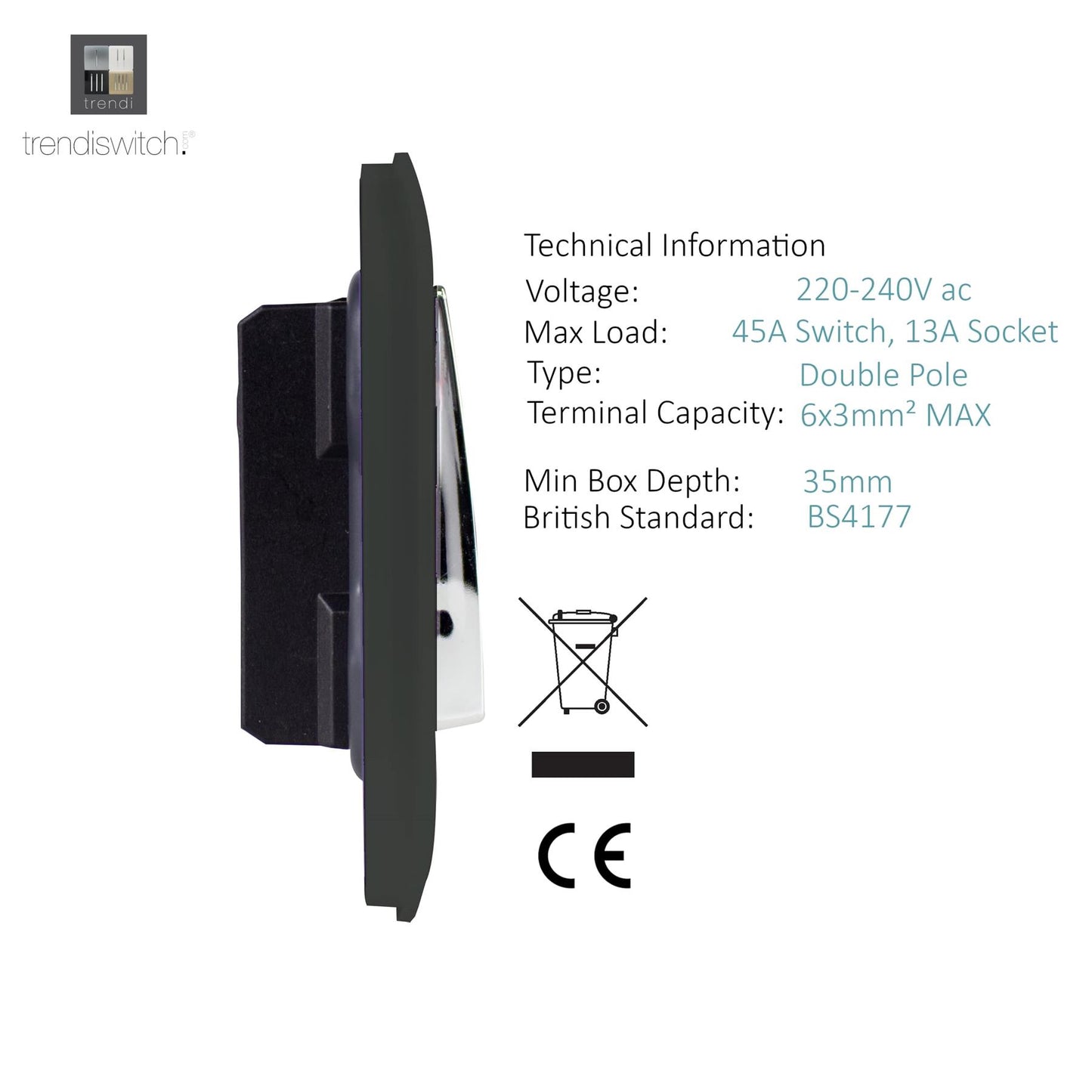Trendi Switch 45 Amp Cooker Switch & 13 Amp Plug Socket with Neonin Charcoal Grey
