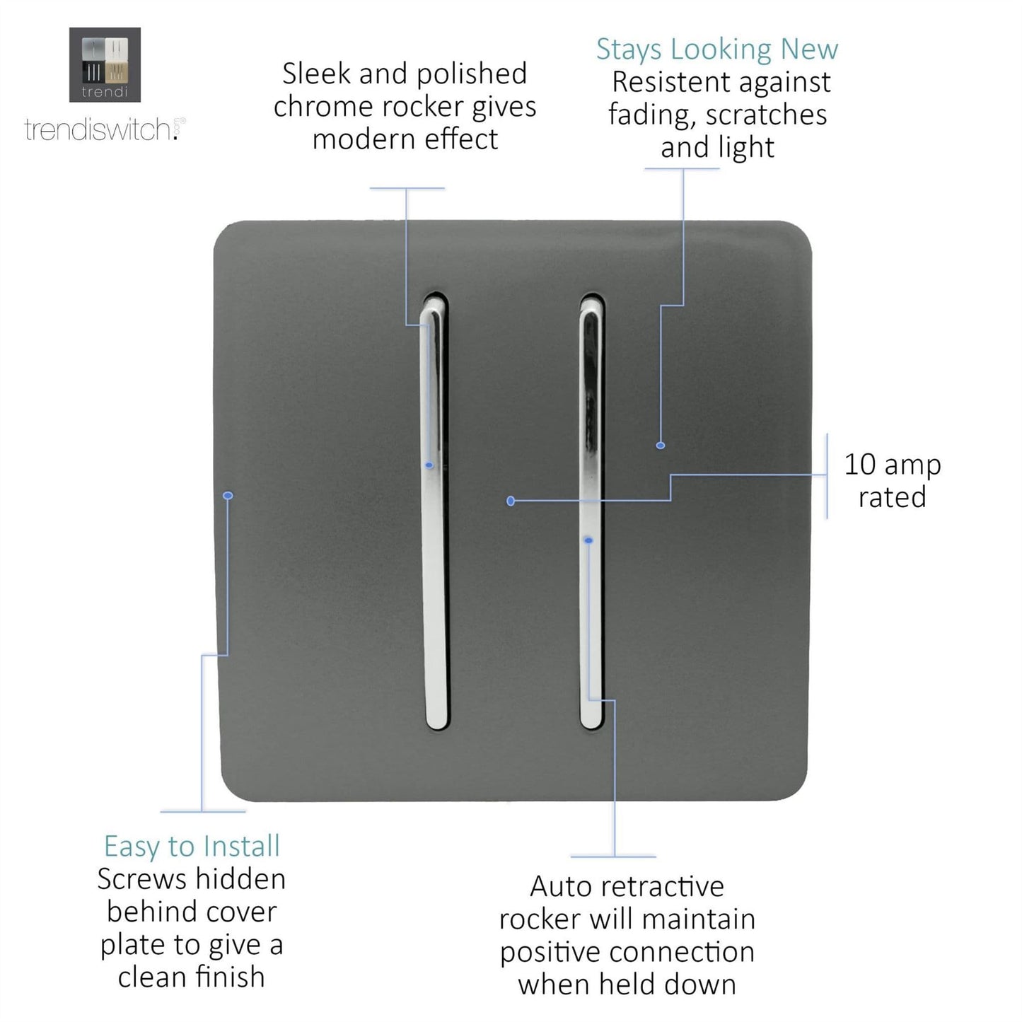 Trendi Switch 2 Gang Retractive Doorbell Switchin Charcoal Grey
