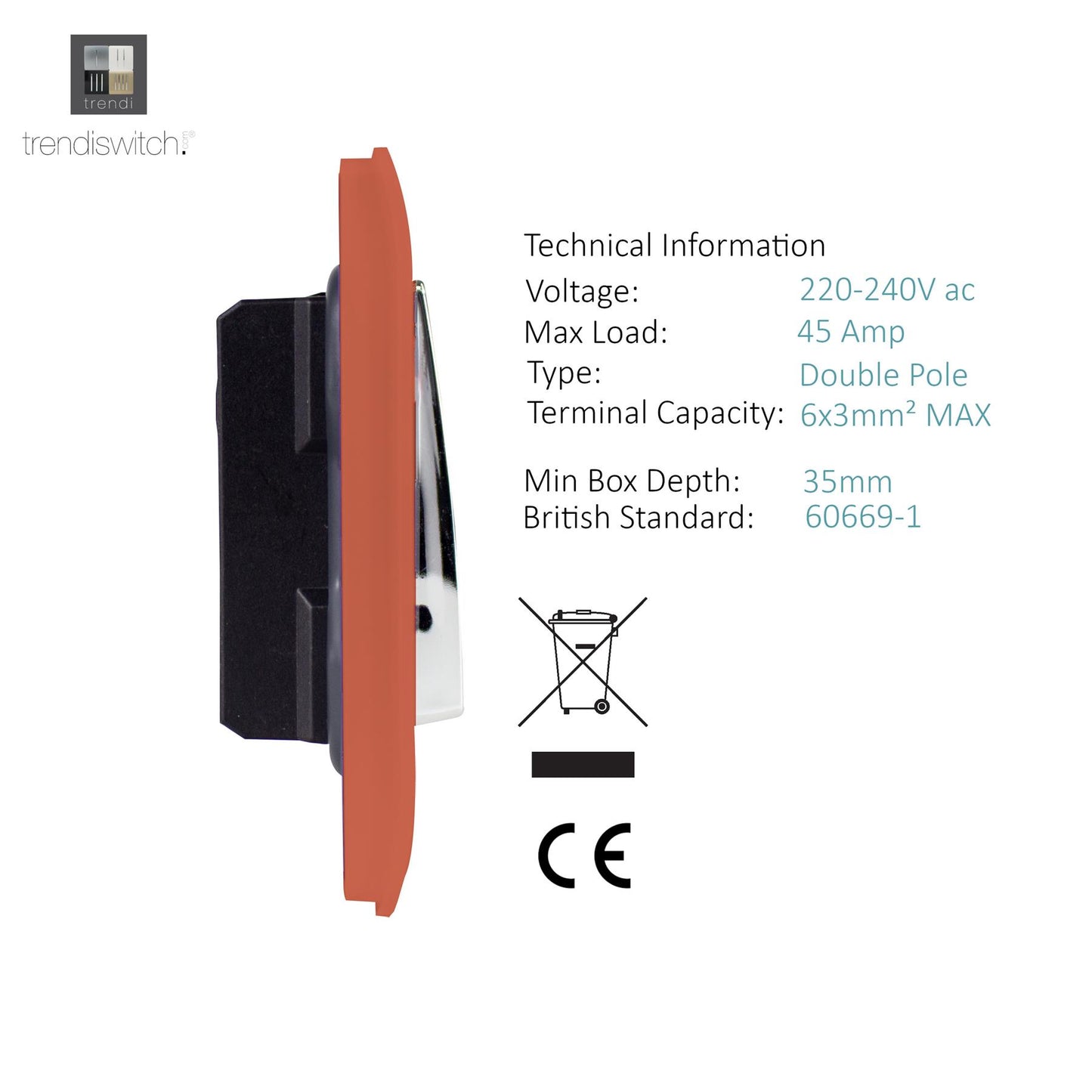 Trendi Switch 45 Amp Cooker Switch & 13 Amp Plug Socket with Neonin Copper