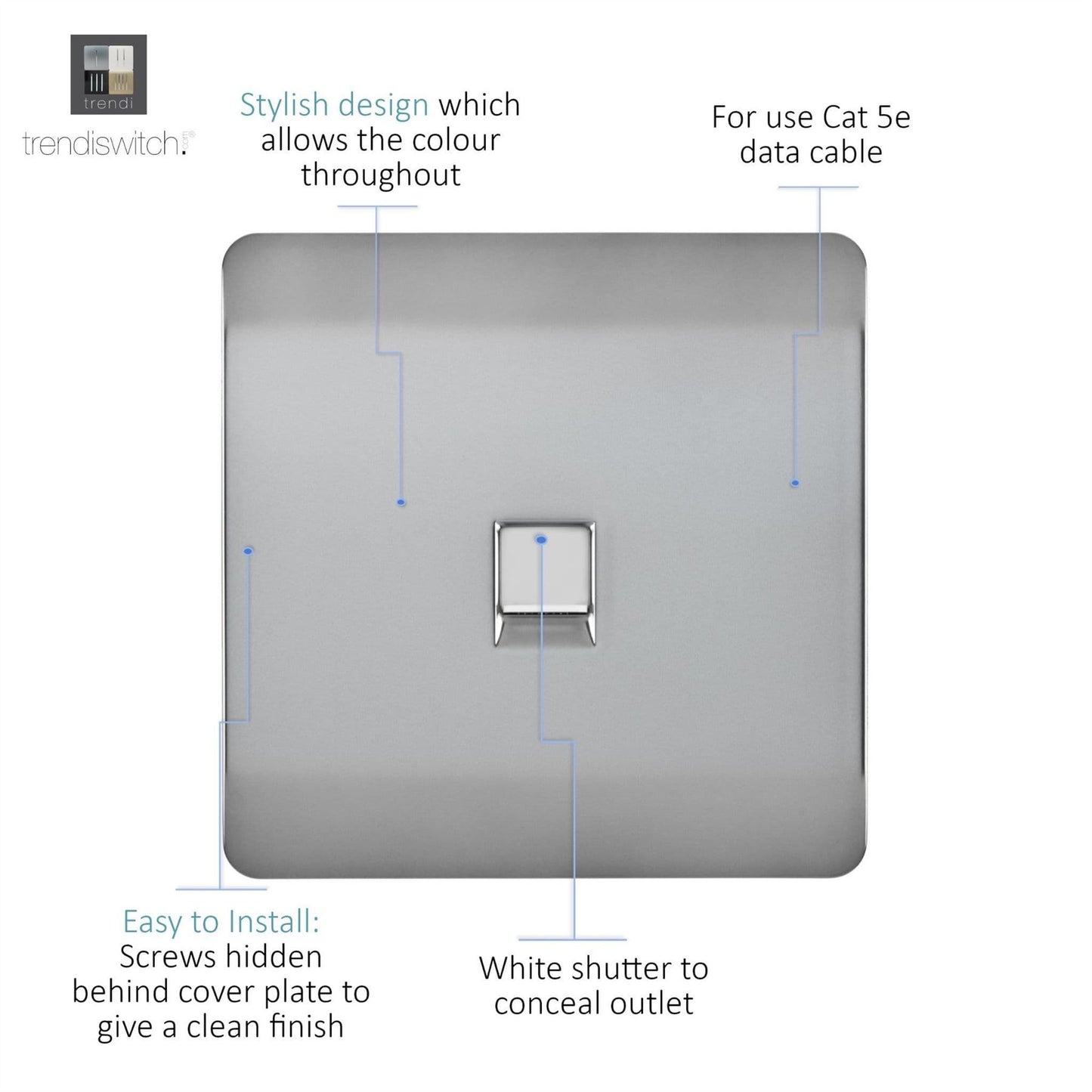 Trendi Switch 1 Gang RJ45 Cat 5e PC Ethernet Socketin Brushed Steel