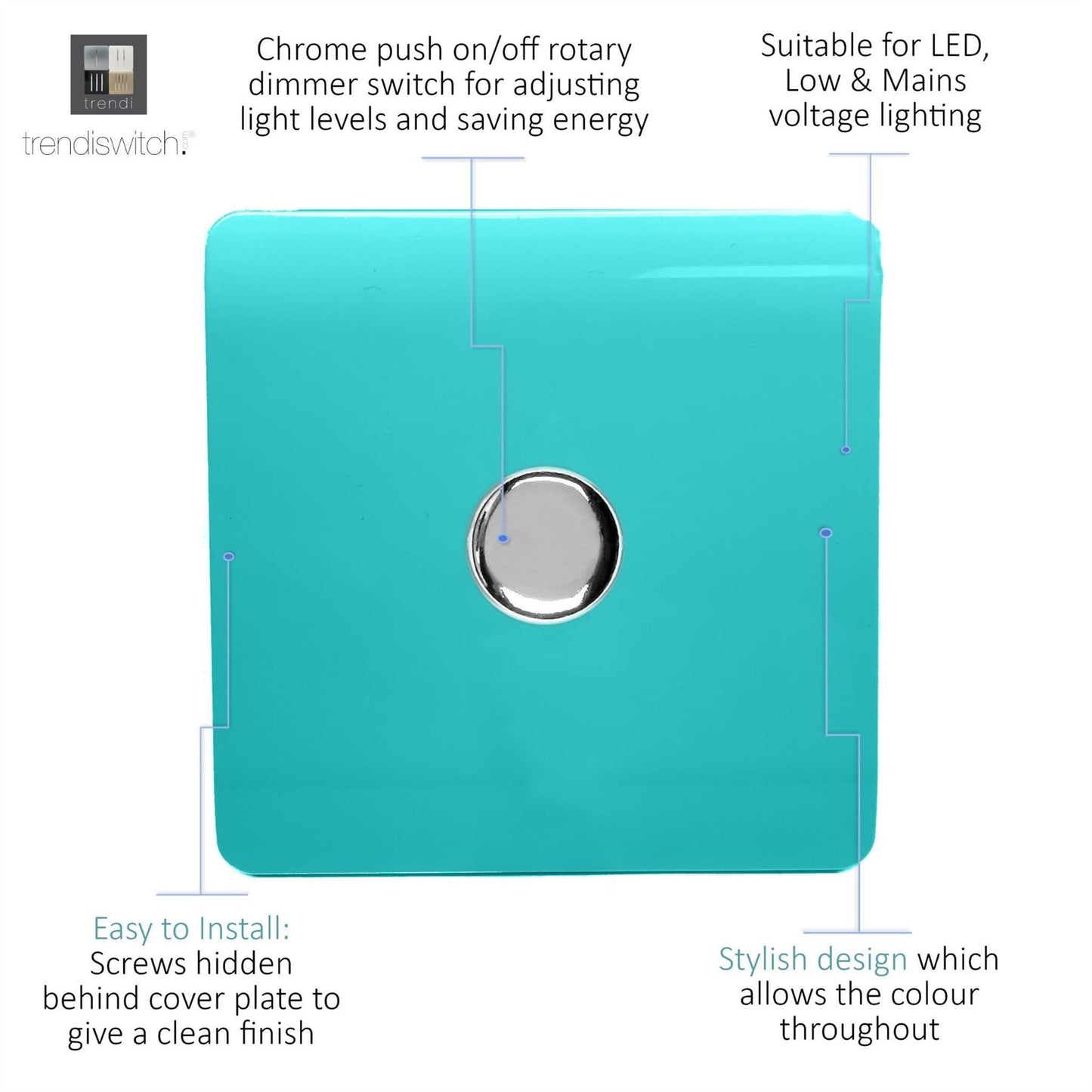 Trendi Switch 1 Gang 1 or 2 way 150w Rotary LED Dimmer Light Switchin Bright Teal