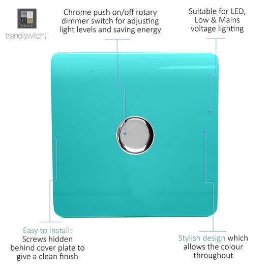 Trendi 1 Gang 2 Way 240V 100w LED Dimmer Screwless Raised Front Plate Plastic Artistic Modern Glossy 10 Amp Chrome Single Electrical Wall Light Switch in Bright Teal - ART-LDMBT
