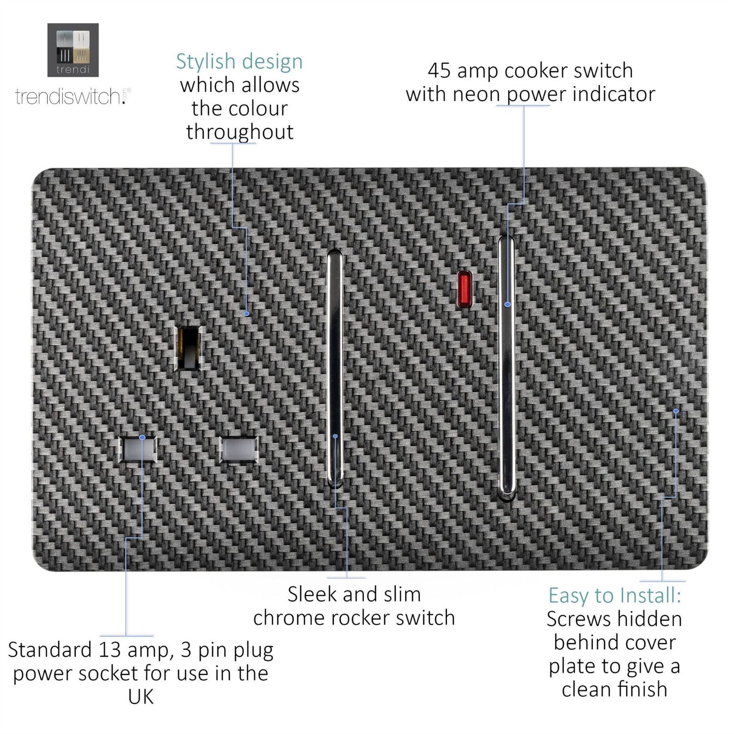 Trendi Switch 45 Amp Cooker Switch & 13 Amp Plug Socket with Neonin Carbon Fibre