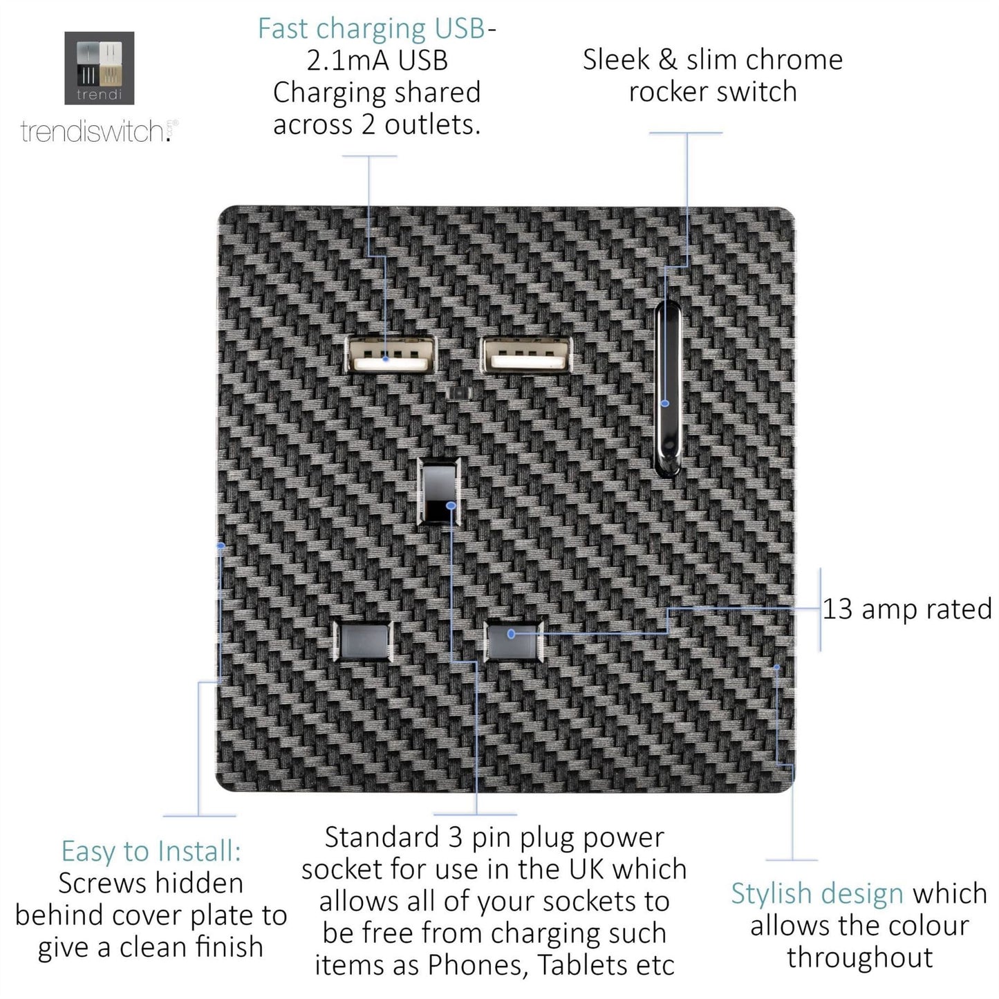 Trendi Switch 1 Gang USB 2100mA Plug Socketin Carbon Fibre