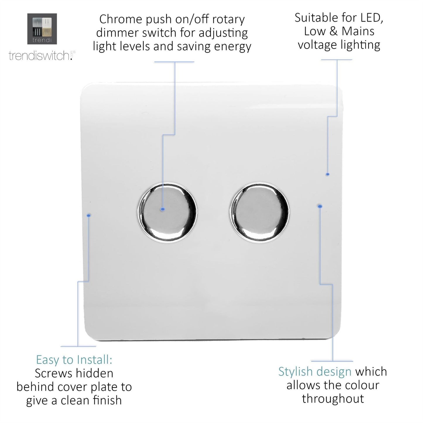 Trendi Switch 2 Gang 1 or 2 way 150w Rotary LED Dimmer Light Switchin Ice White