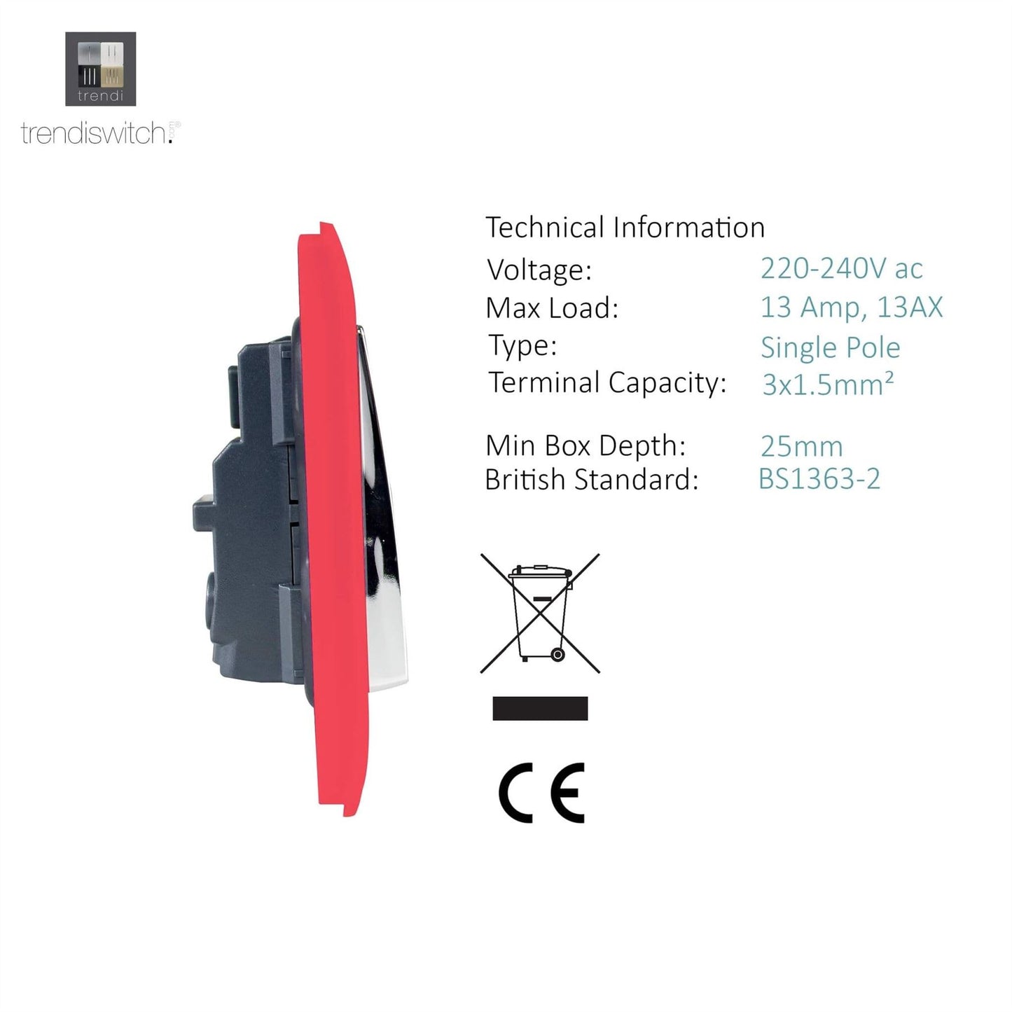 Trendi Switch 1 Gang 13 Amp Switched Plug Socketin Strawberry Red