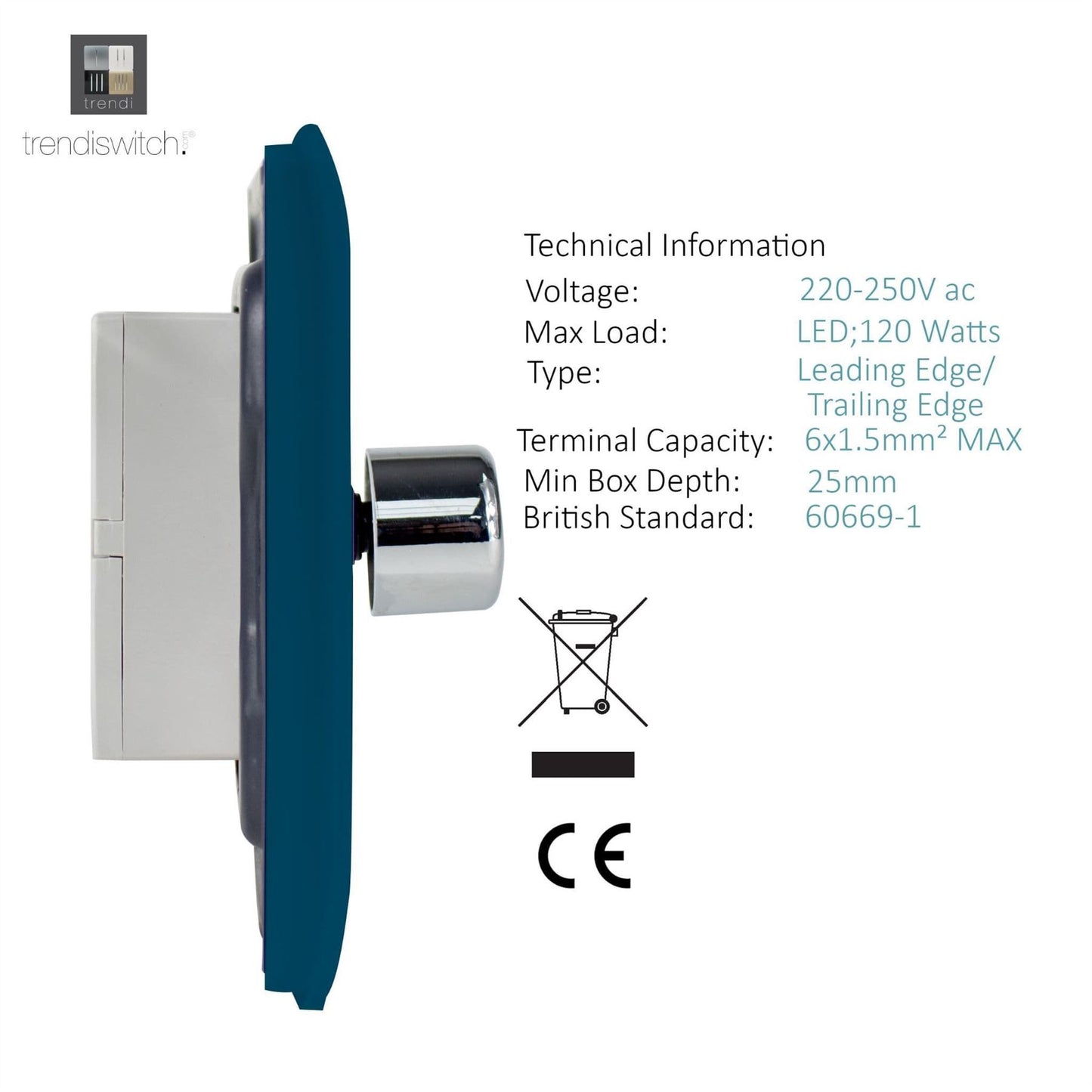 Trendi Switch 1 Gang 1 or 2 way 150w Rotary LED Dimmer Light Switchin Midnight Blue