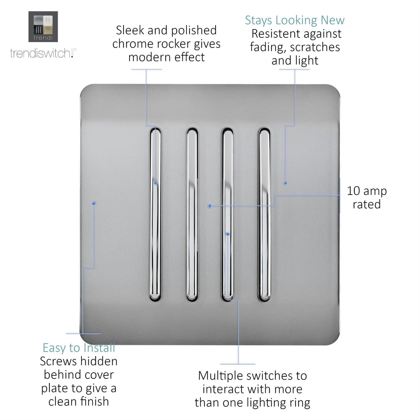Trendi Switch 4 Gang 1 or 2 way Rocker Light Switchin Brushed Steel