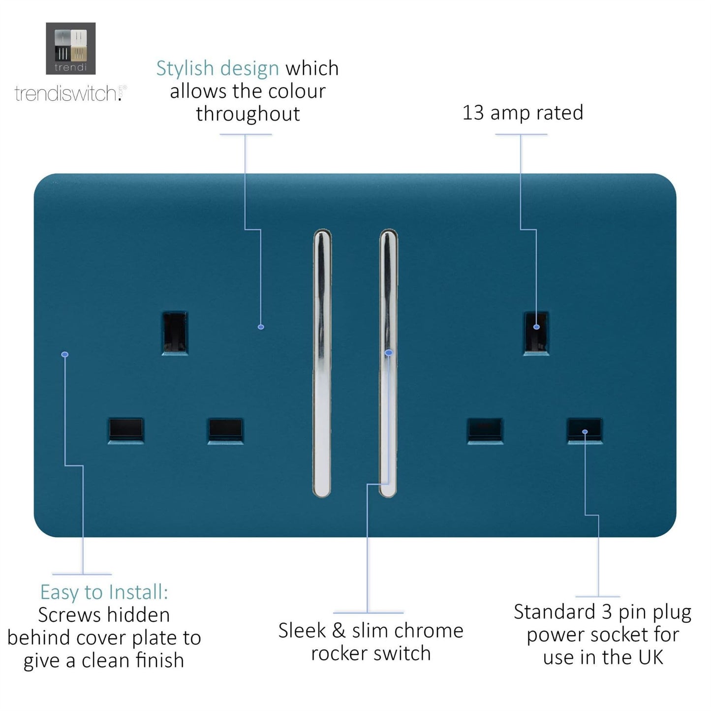 Trendi Switch 2 Gang Long Switched Plug Socketin Midnight Blue