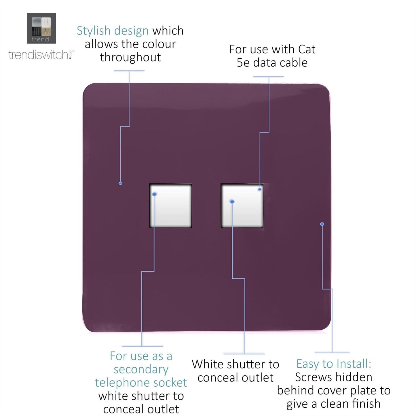 Trendi Switch 2 Gang RJ45 Cat 5e PC Ethernet & Telephone Slave Socketsin Plum Purple