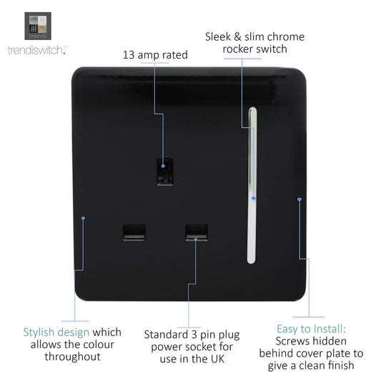 Trendi Switch 1 Gang 13 Amp Switched Plug Socket in Matt Black