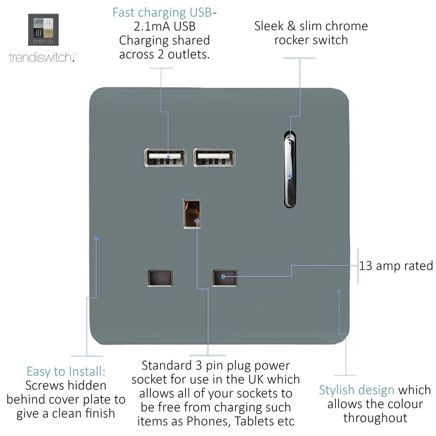 Trendi Switch 1 Gang USB 2100mA Plug Socketin Cool Grey