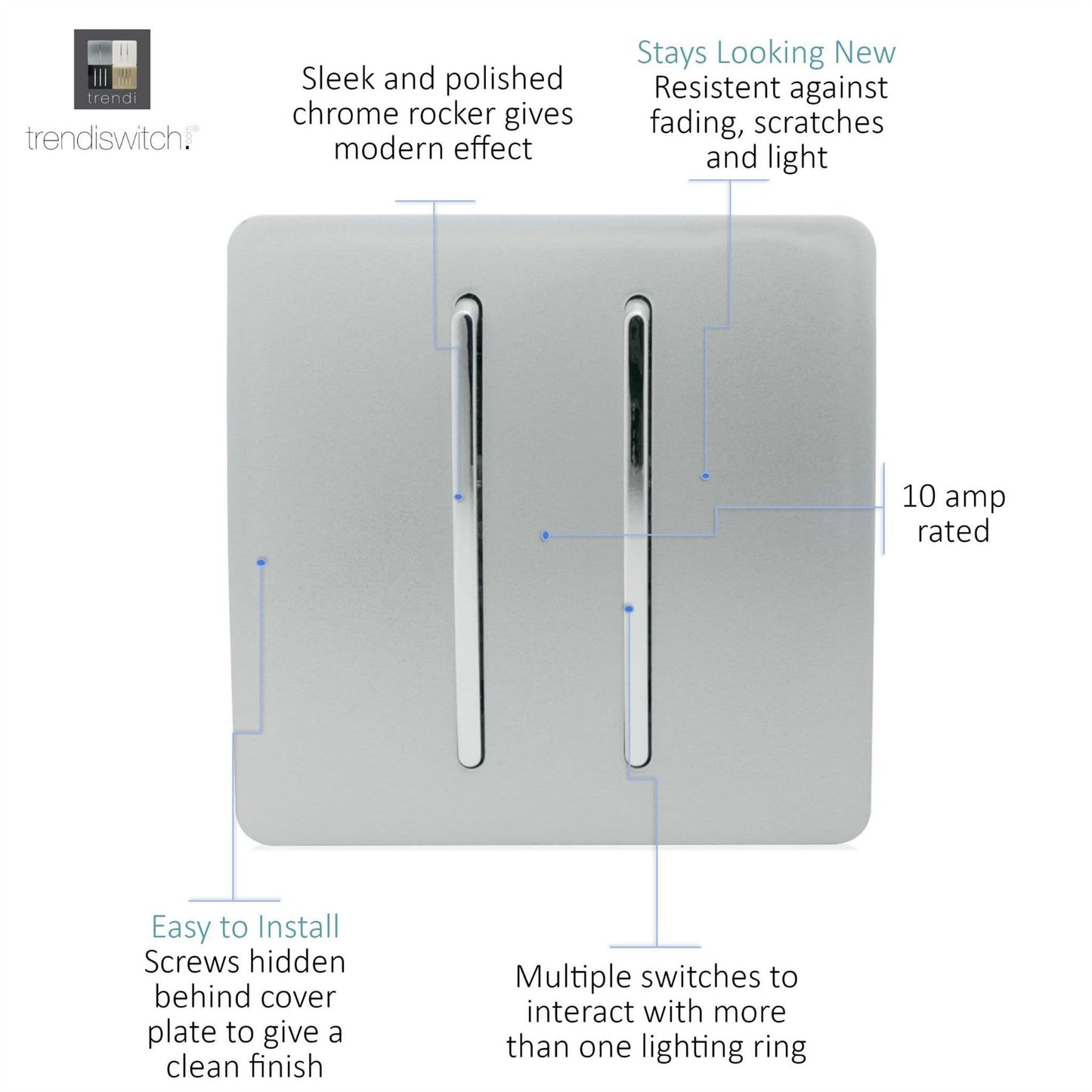 Trendi Switch 2 Gang 1 or 2 way Rocker Light Switchin Platinum Silver
