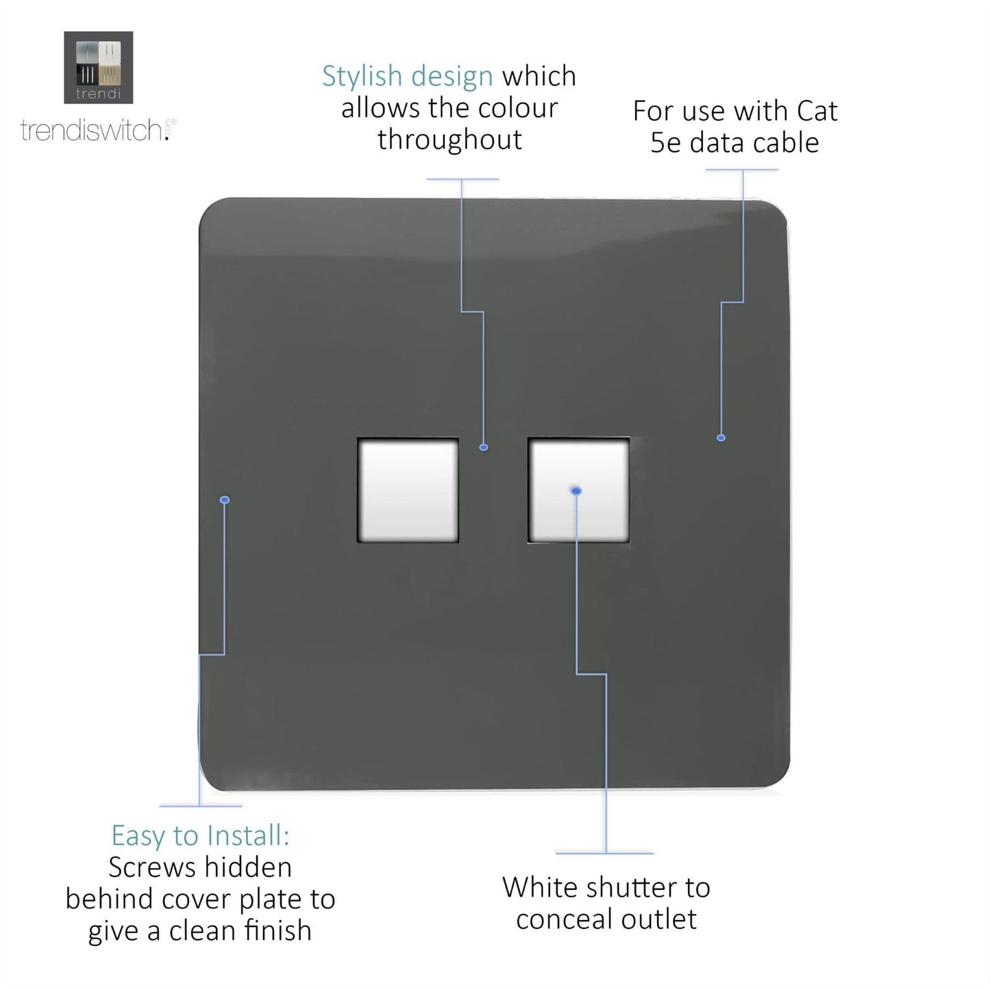 Trendi Switch 2 Gang RJ45 Cat 5e PC Ethernet Socketin Charcoal Grey