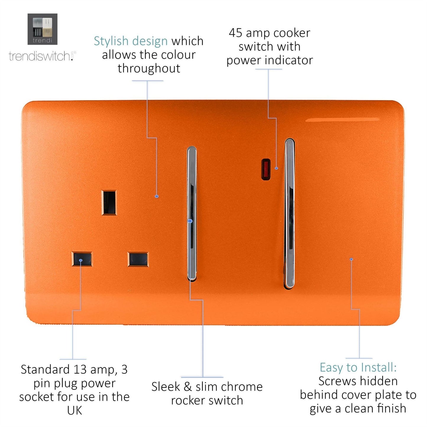 Trendi Switch 45 Amp Cooker Switch & 13 Amp Plug Socket with Neonin Sunset Orange