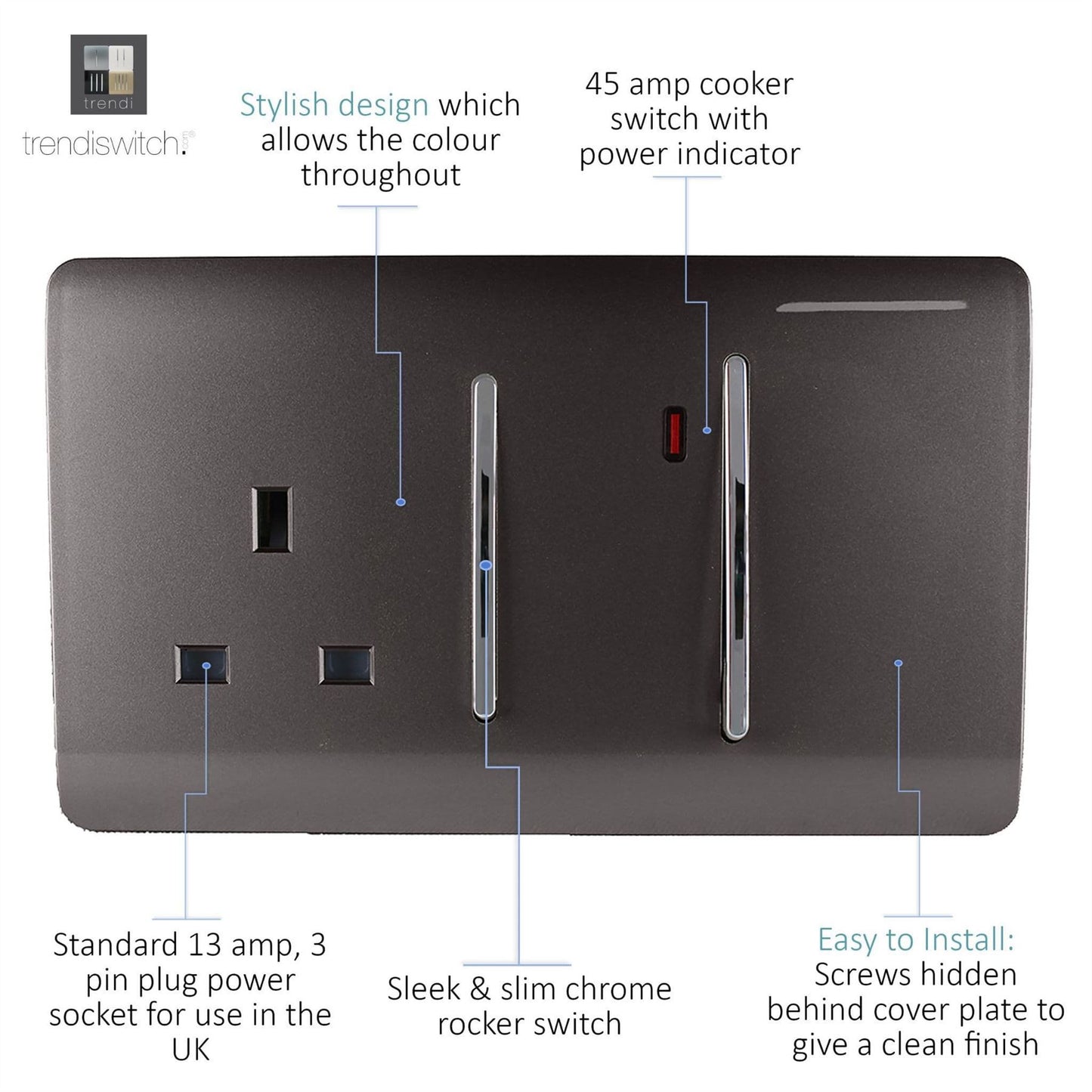 Trendi Switch 45 Amp Cooker Switch & 13 Amp Plug Socket with Neonin Dark Mocha Brown