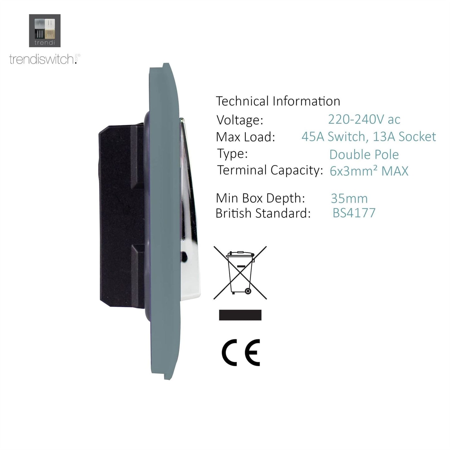 Trendi Switch 45 Amp Cooker Switch & 13 Amp Plug Socket with Neonin Cool Grey