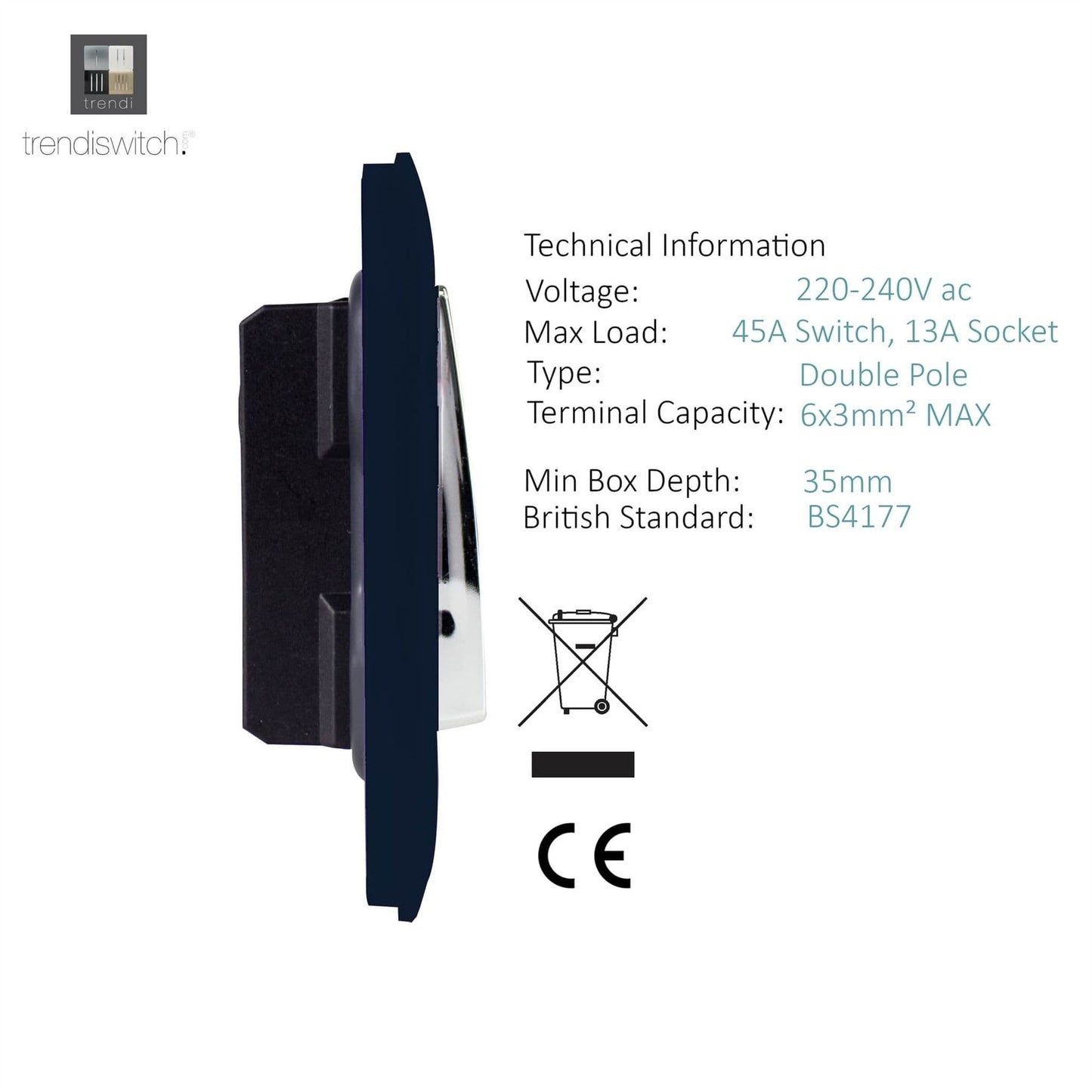 Trendi Switch 45 Amp Cooker Switch & 13 Amp Plug Socket with Neonin Navy Blue