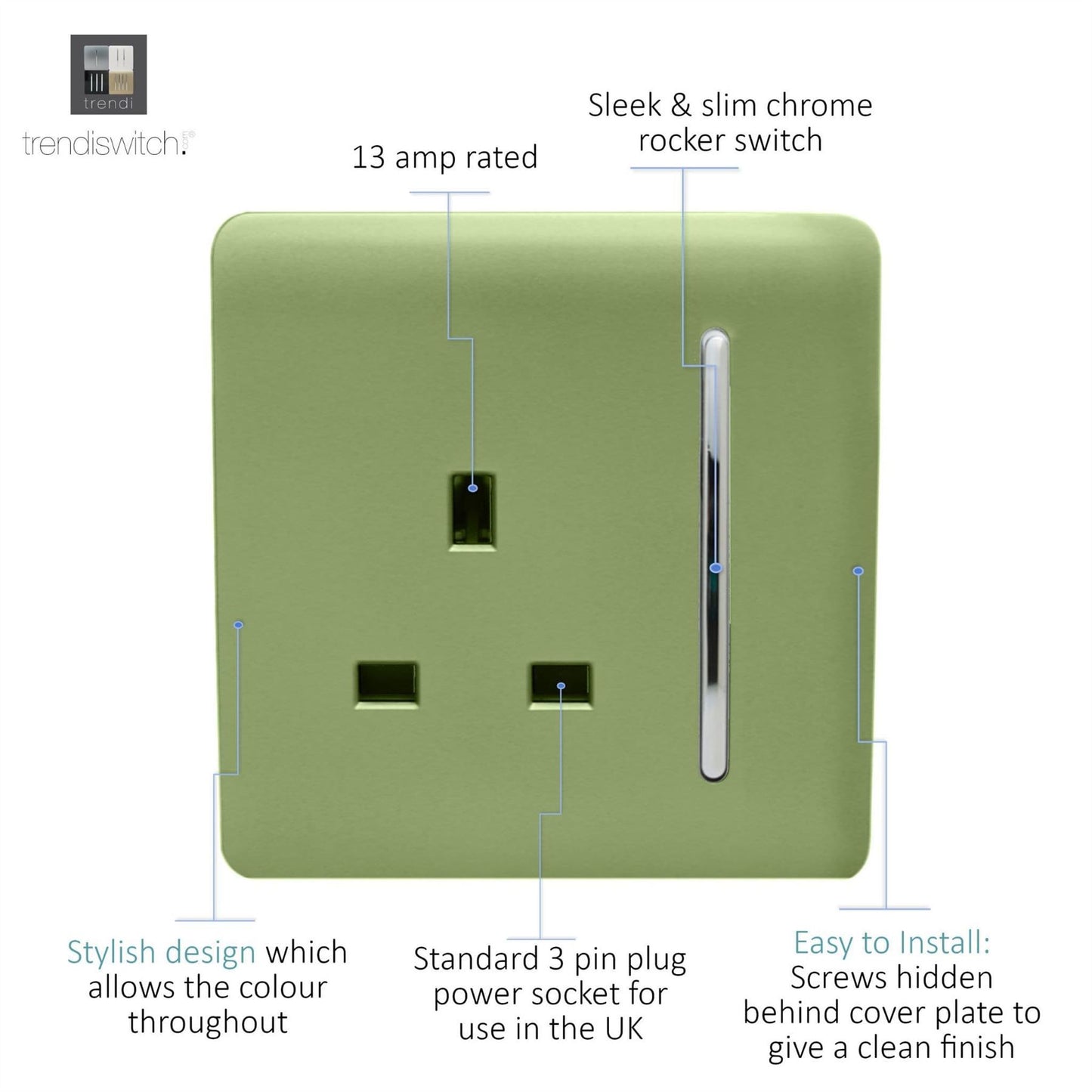 Trendi Switch 1 Gang 13 Amp Switched Plug Socketin Moss Green